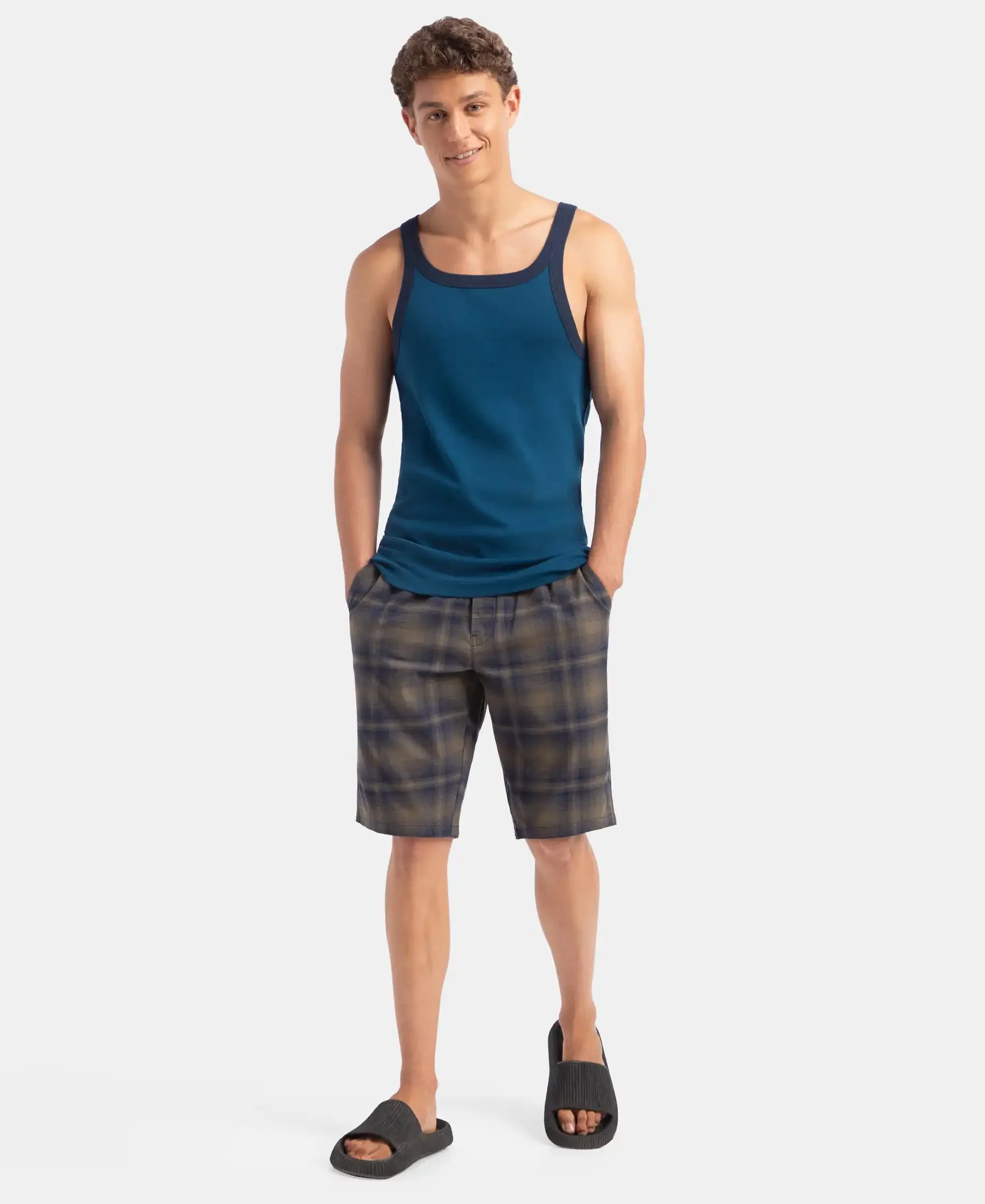 Super Combed Cotton Rib Square Neck Gym Vest - Poseidon & Navy - Image 4