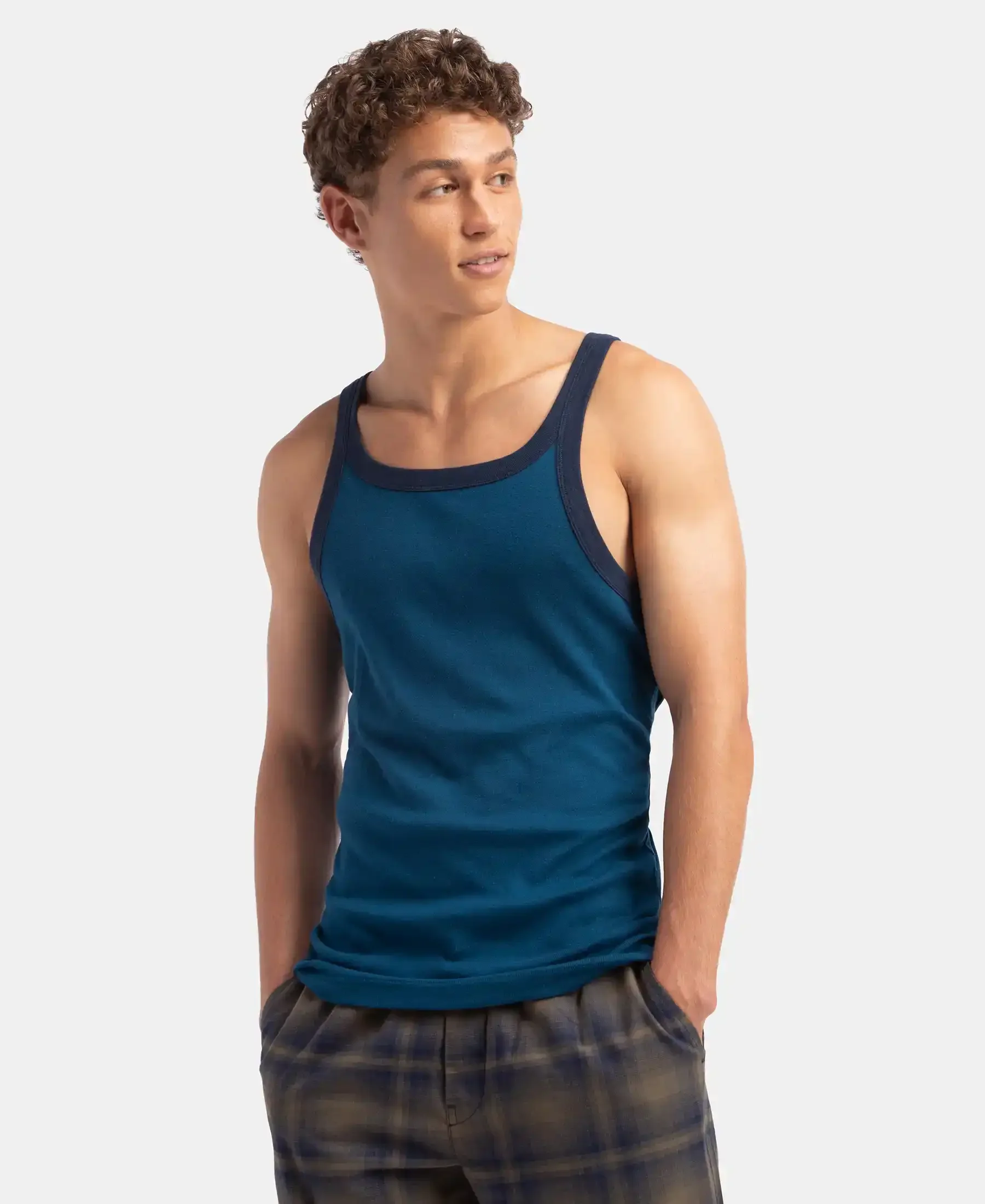 Super Combed Cotton Rib Square Neck Gym Vest - Poseidon & Navy - Image 5