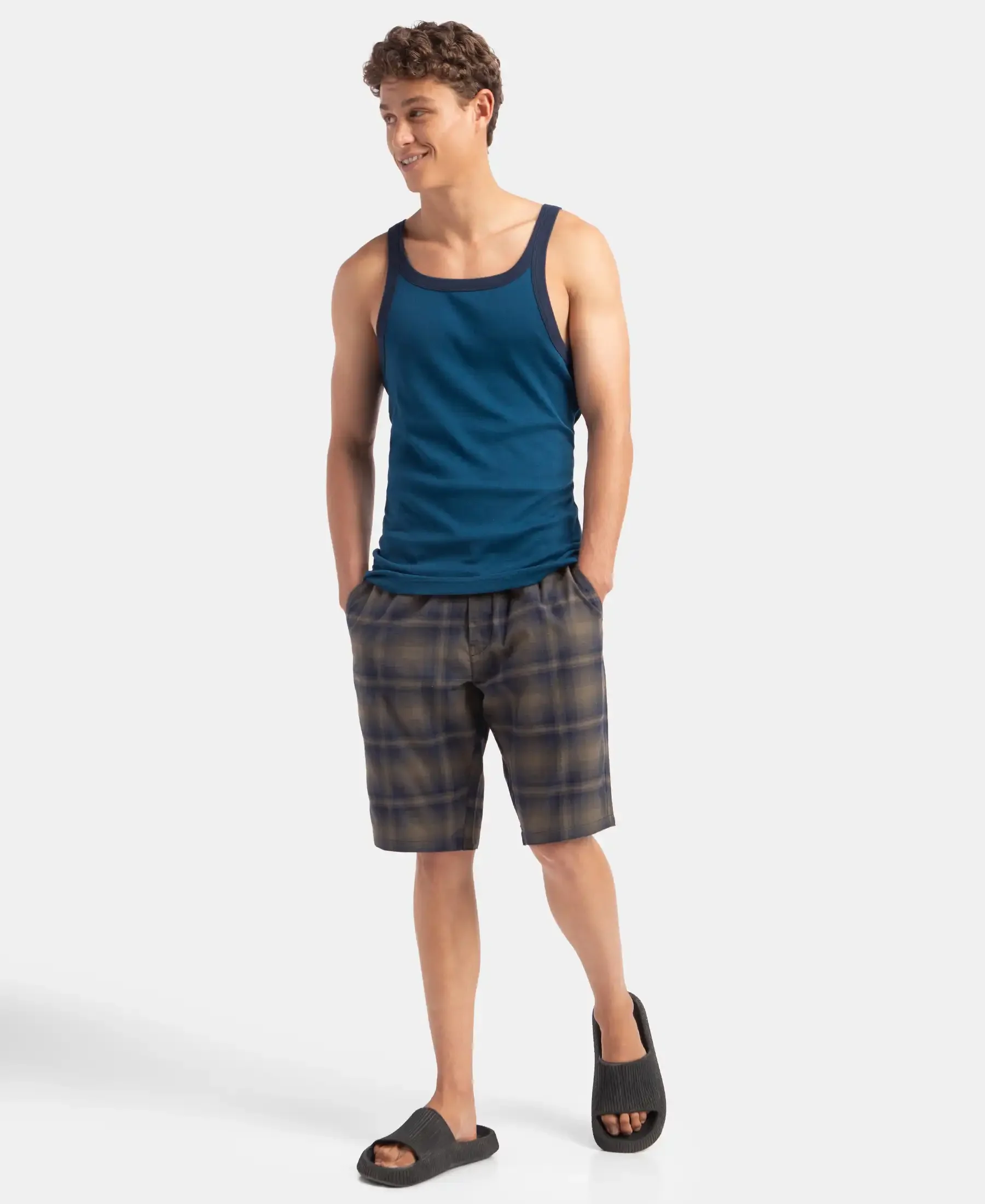 Super Combed Cotton Rib Square Neck Gym Vest - Poseidon & Navy - Image 6