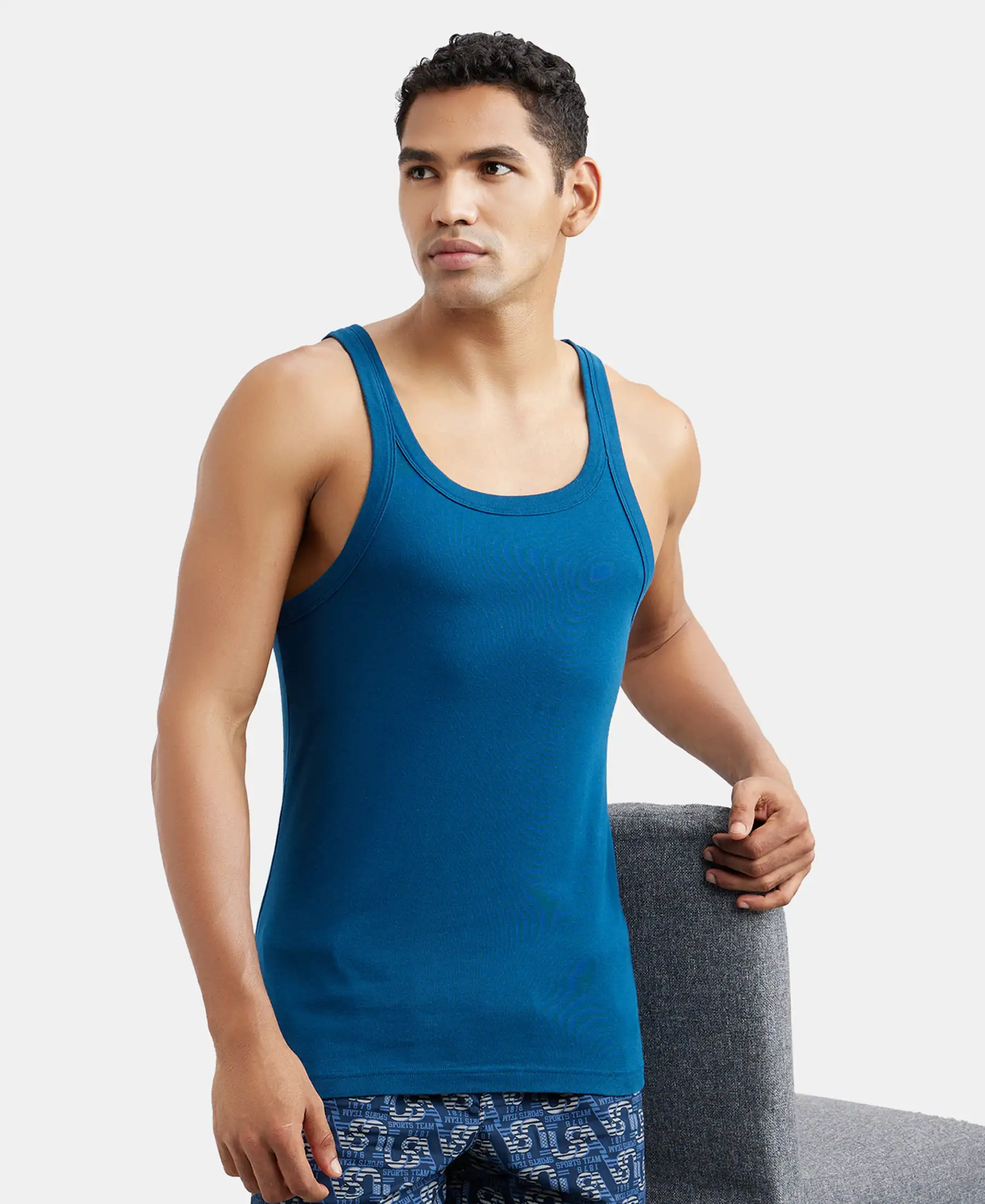 Super Combed Cotton Rib Square Neck Gym Vest - Poseidon - Image 5