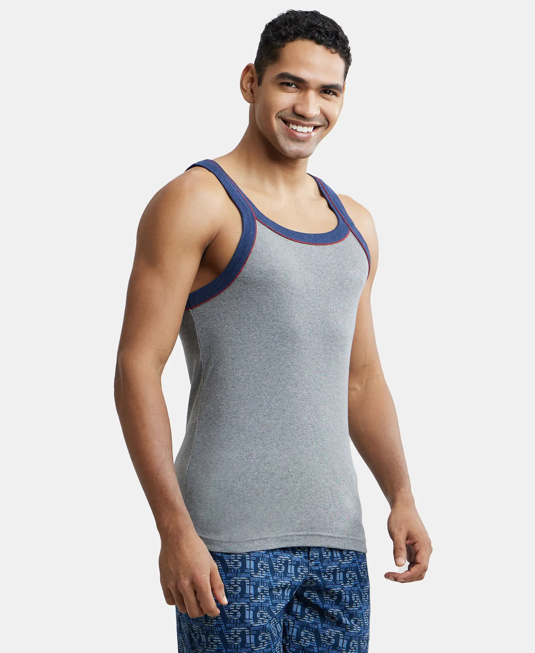 Super Combed Cotton Rib Square Neck Gym Vest with Graphic Print - Grey Melange & Ink Blue - Image 2