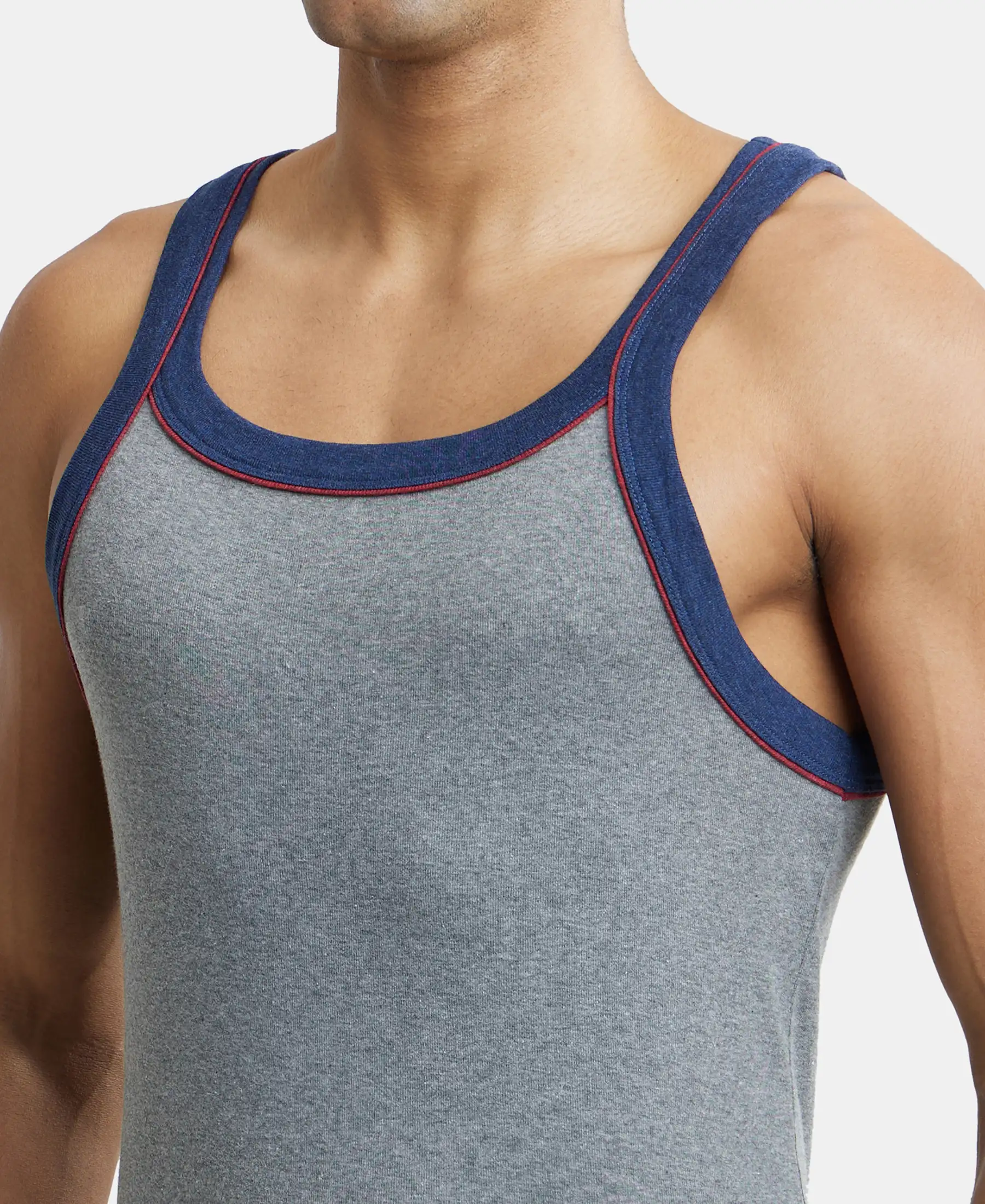 Super Combed Cotton Rib Square Neck Gym Vest with Graphic Print - Grey Melange & Ink Blue - Image 6