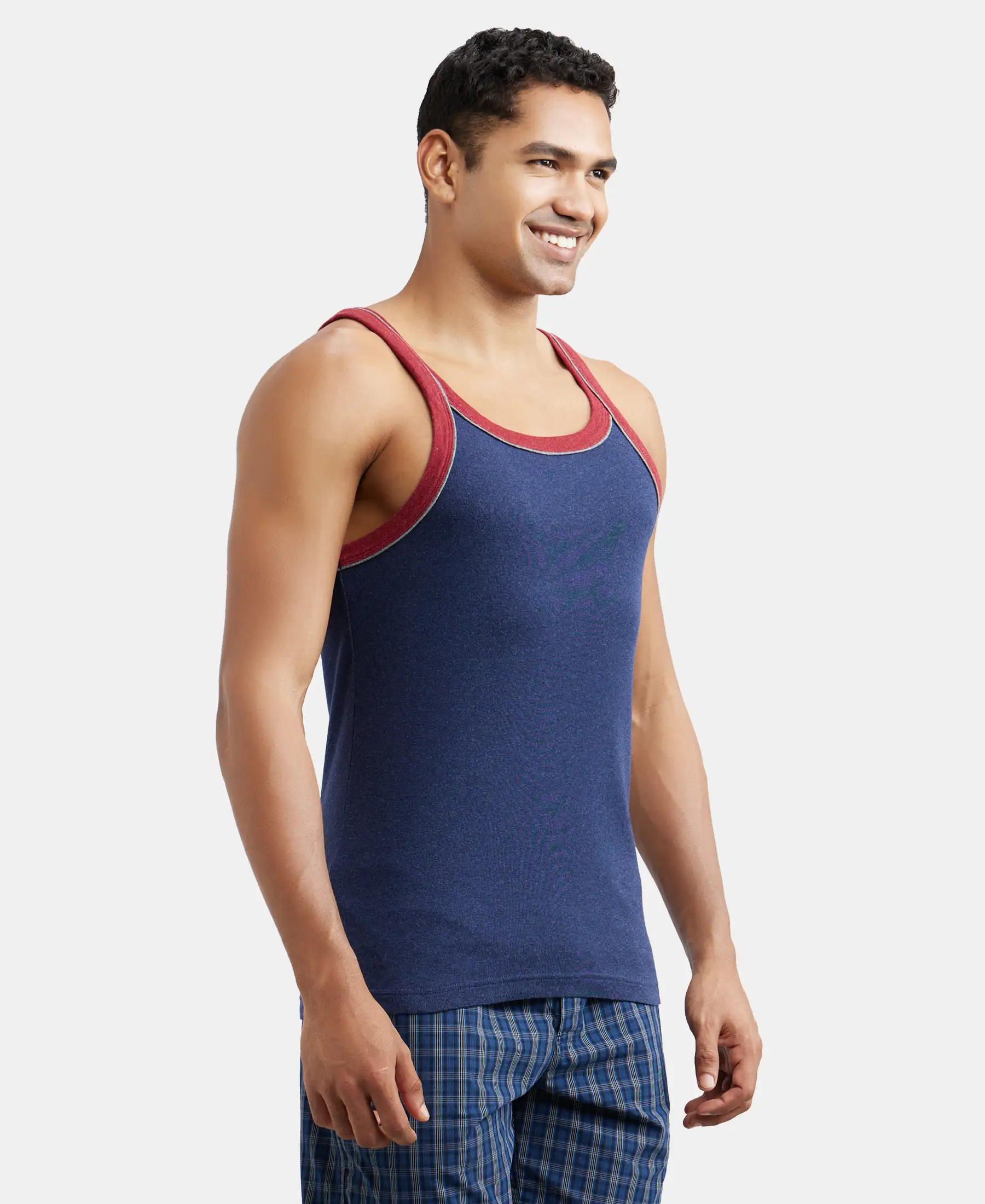 Super Combed Cotton Rib Square Neck Gym Vest with Graphic Print - Ink Blue Melange - Image 2