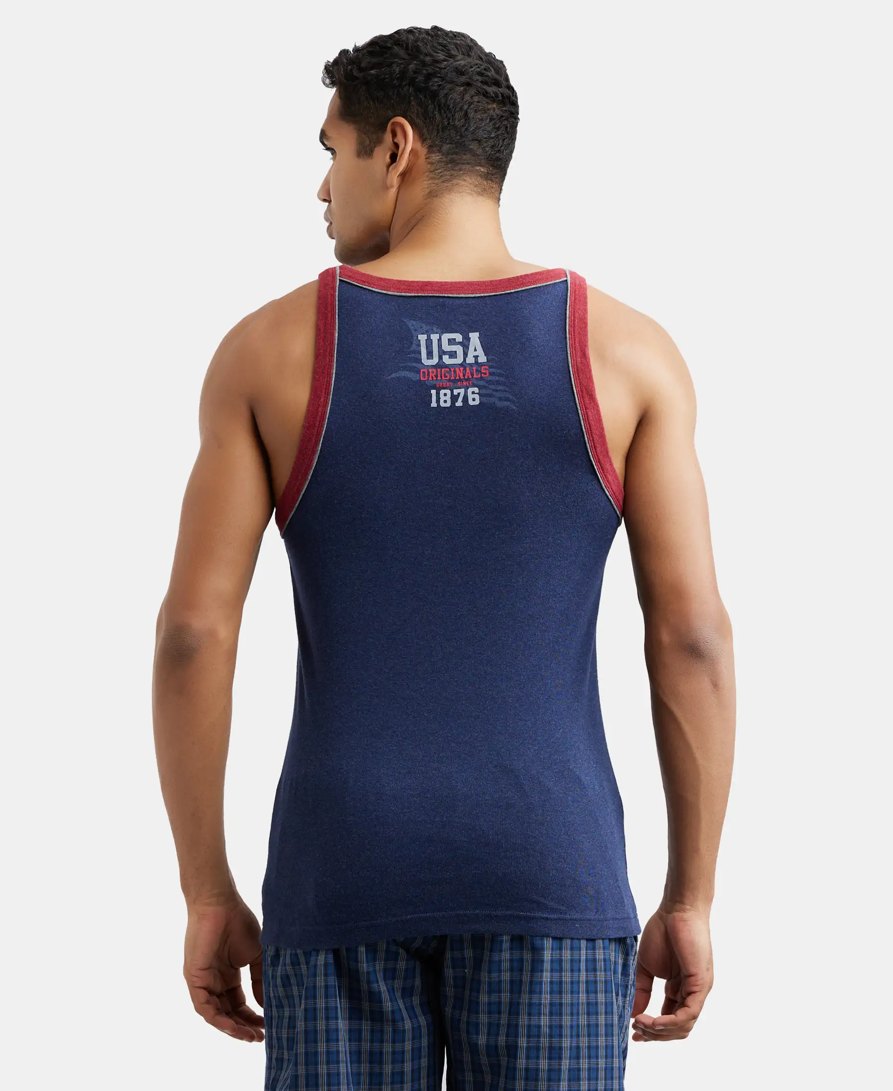 Super Combed Cotton Rib Square Neck Gym Vest with Graphic Print - Ink Blue Melange - Image 3