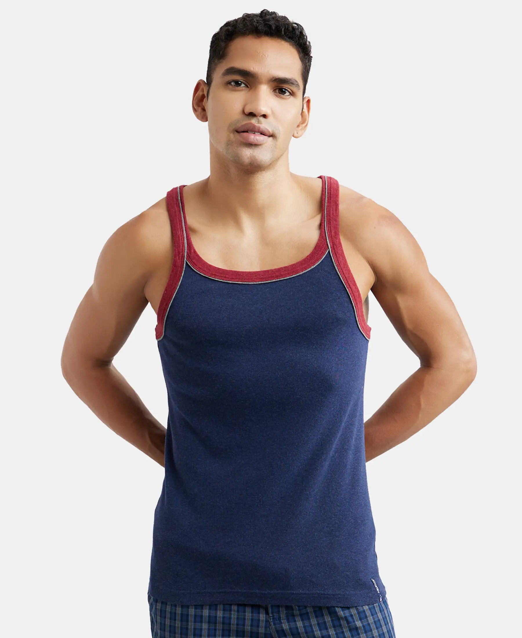Super Combed Cotton Rib Square Neck Gym Vest with Graphic Print - Ink Blue Melange - Image 5