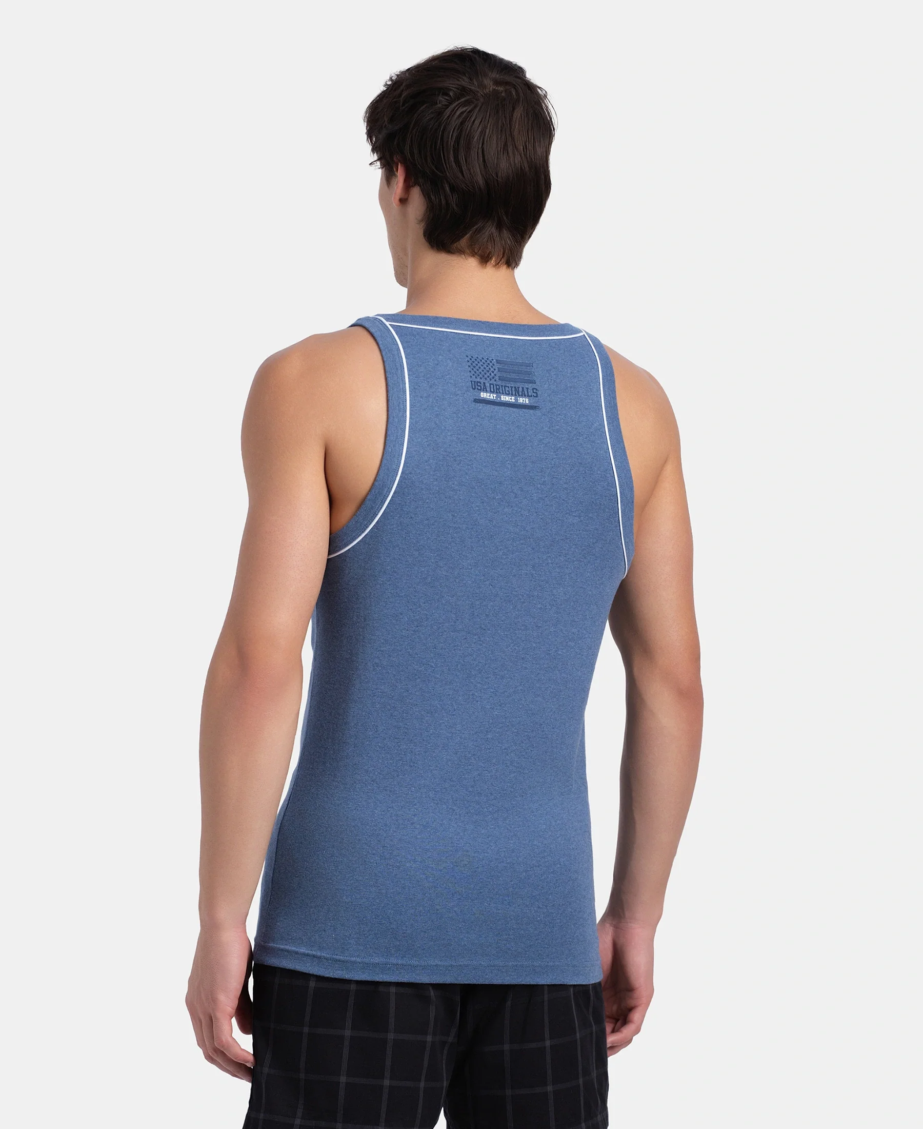Super Combed Cotton Rib Square Neck Gym Vest with Graphic Print - Light Denim Melange - Image 3