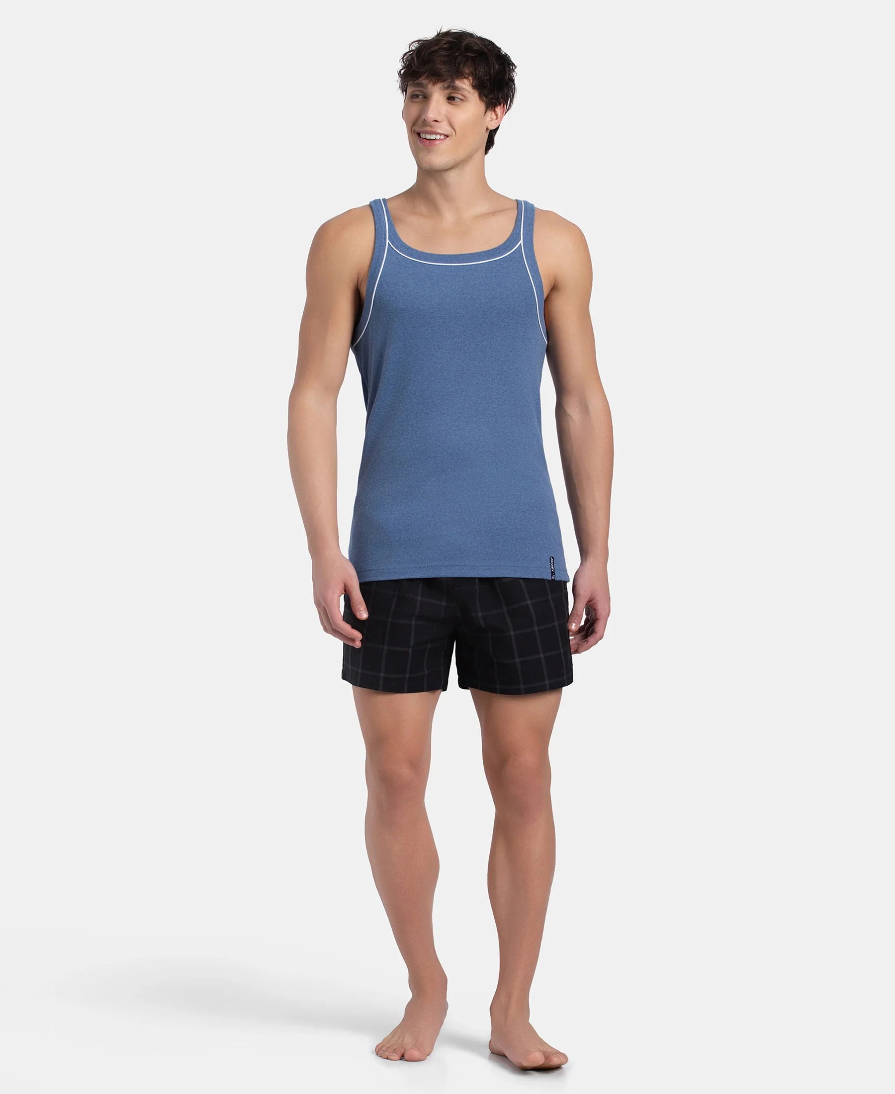 Super Combed Cotton Rib Square Neck Gym Vest with Graphic Print - Light Denim Melange - Image 4