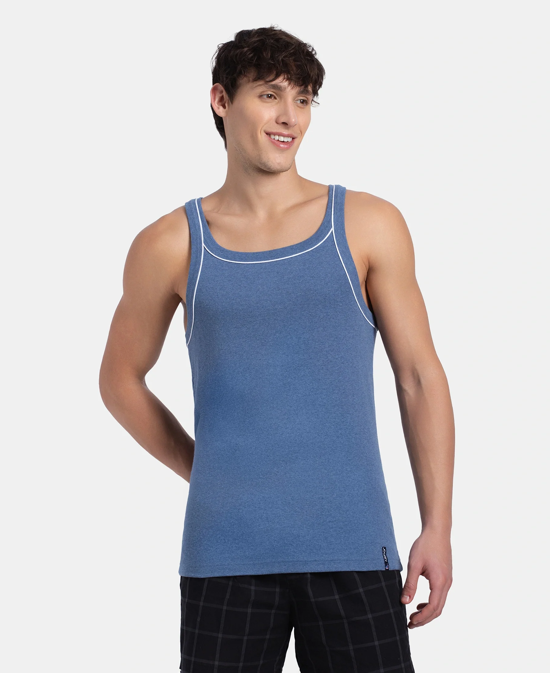 Super Combed Cotton Rib Square Neck Gym Vest with Graphic Print - Light Denim Melange - Image 5