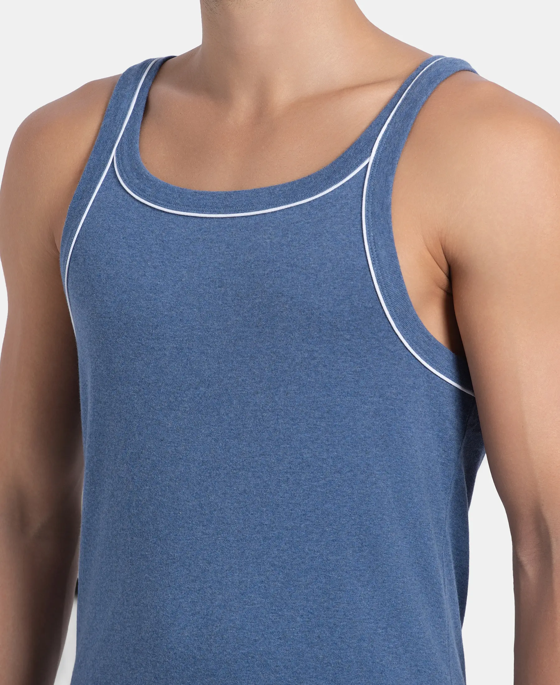 Super Combed Cotton Rib Square Neck Gym Vest with Graphic Print - Light Denim Melange - Image 7