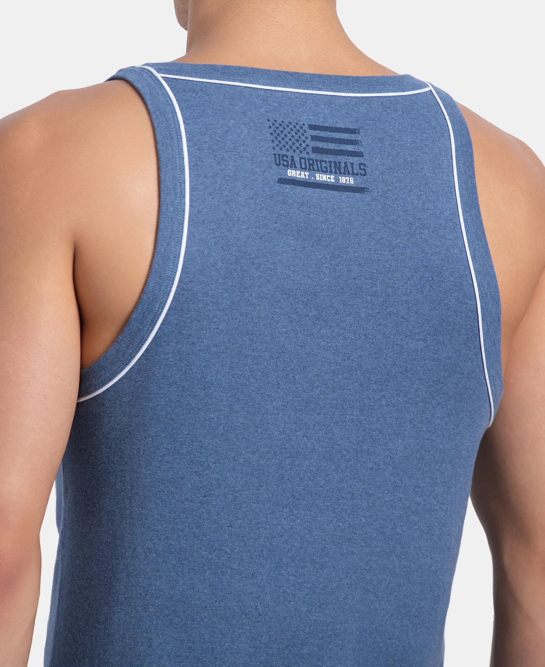 Super Combed Cotton Rib Square Neck Gym Vest with Graphic Print - Light Denim Melange - Image 9