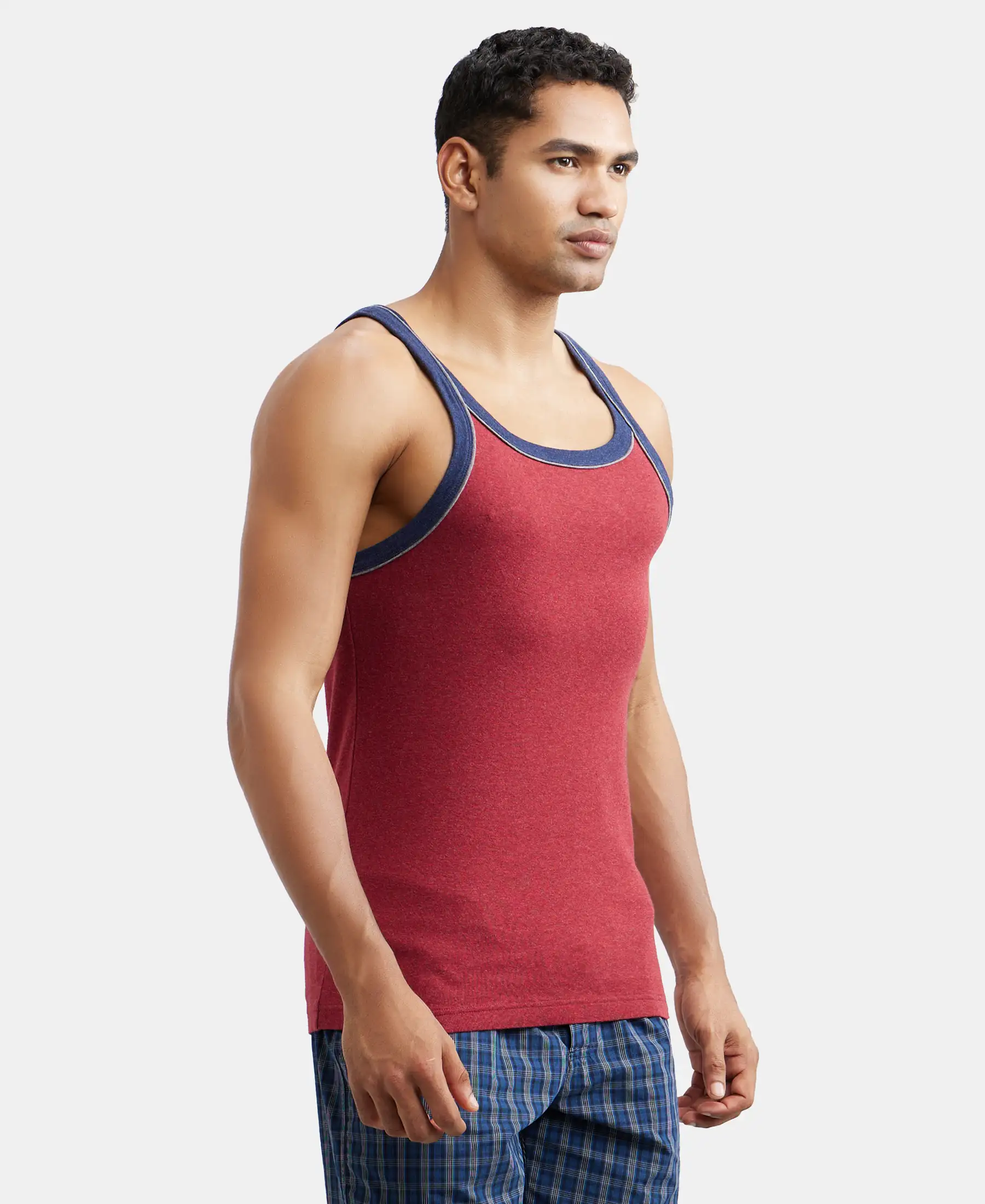 Super Combed Cotton Rib Square Neck Gym Vest with Graphic Print - Red Melange - Image 2