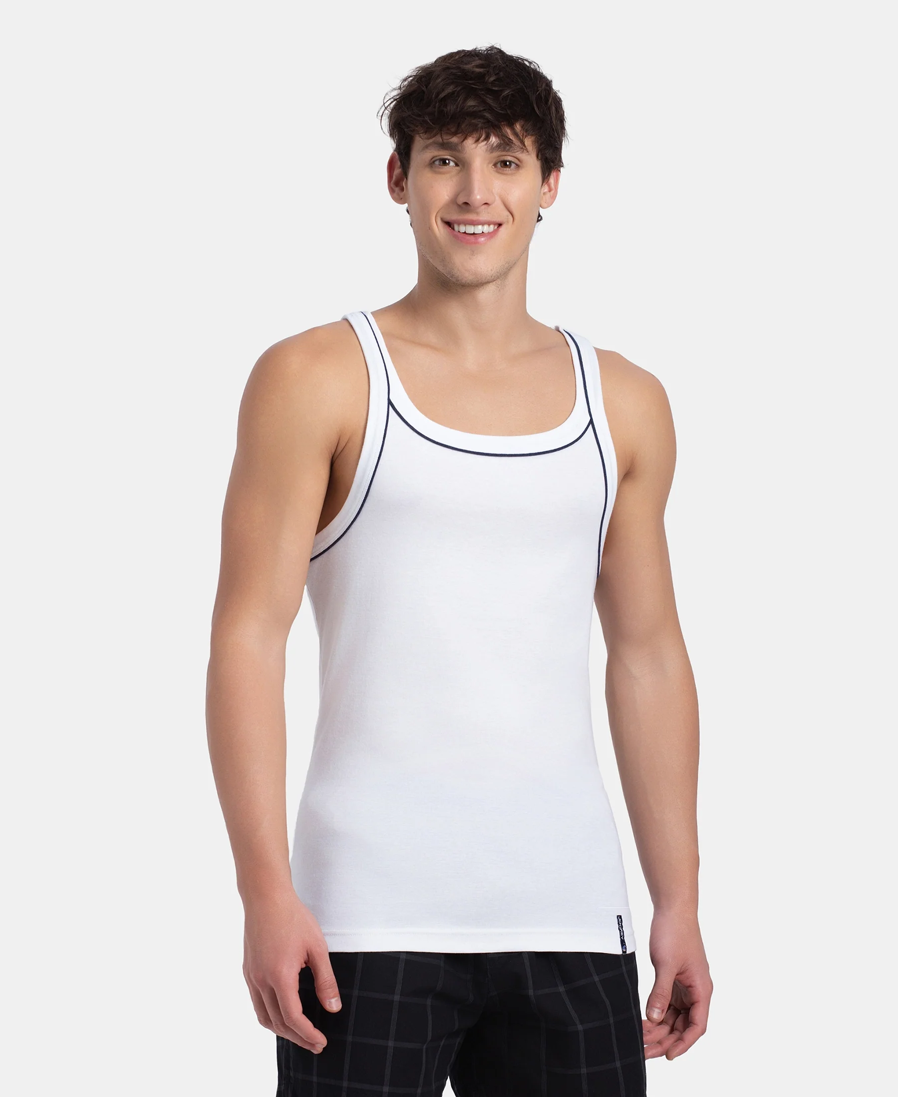 Super Combed Cotton Rib Square Neck Gym Vest with Graphic Print - White - Image 2