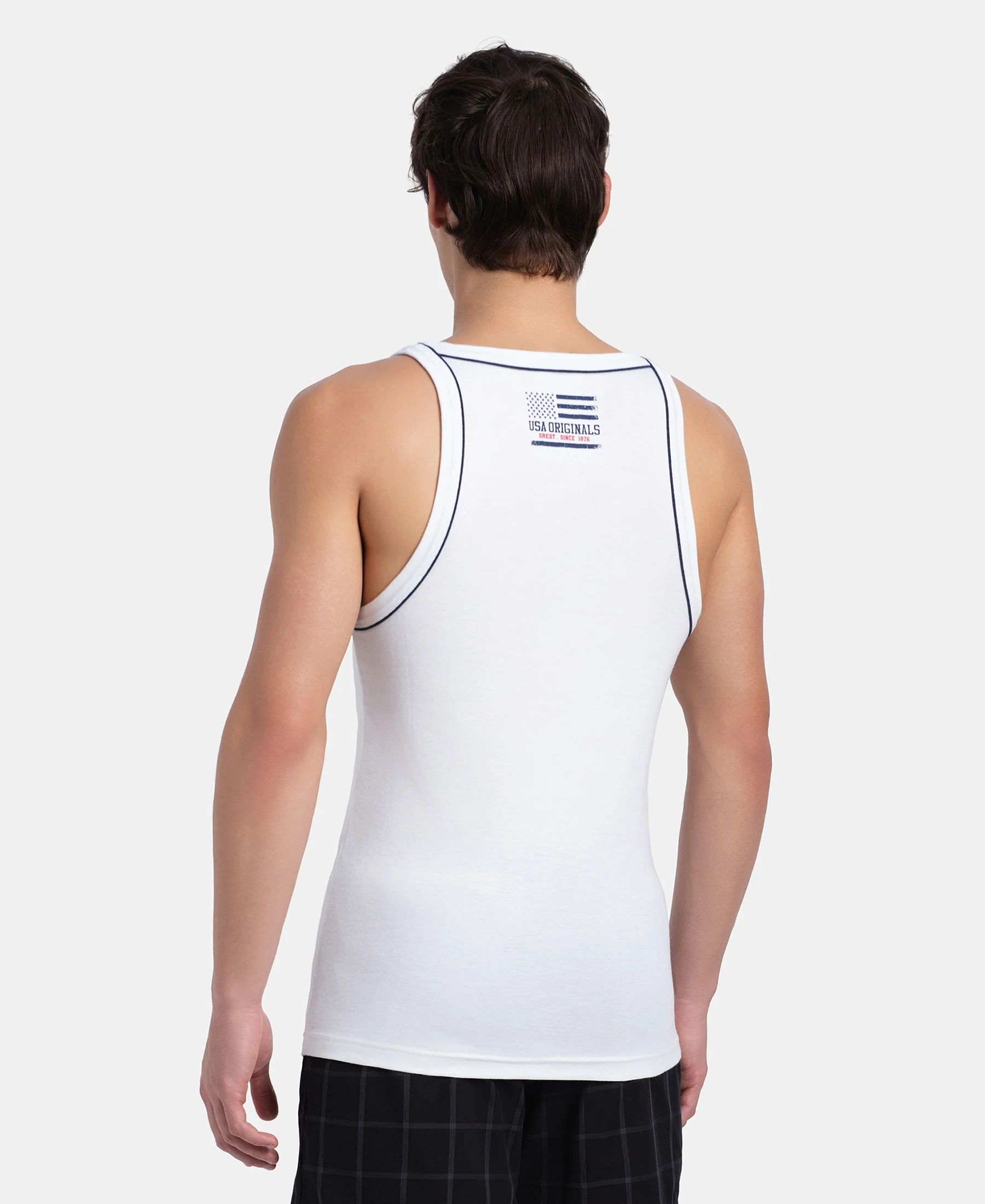 Super Combed Cotton Rib Square Neck Gym Vest with Graphic Print - White - Image 3
