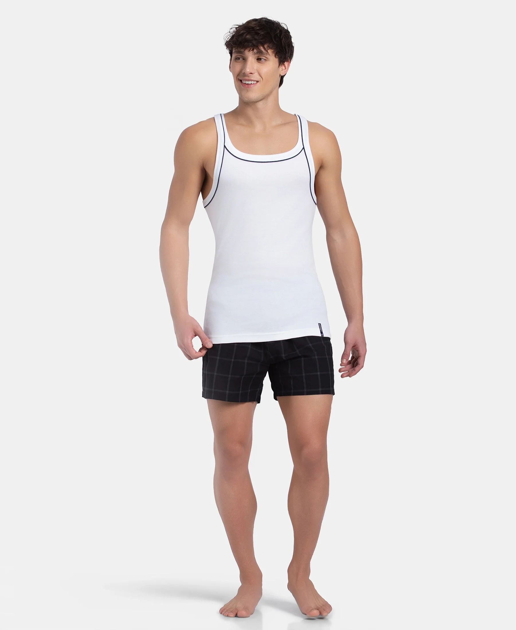 Super Combed Cotton Rib Square Neck Gym Vest with Graphic Print - White - Image 4