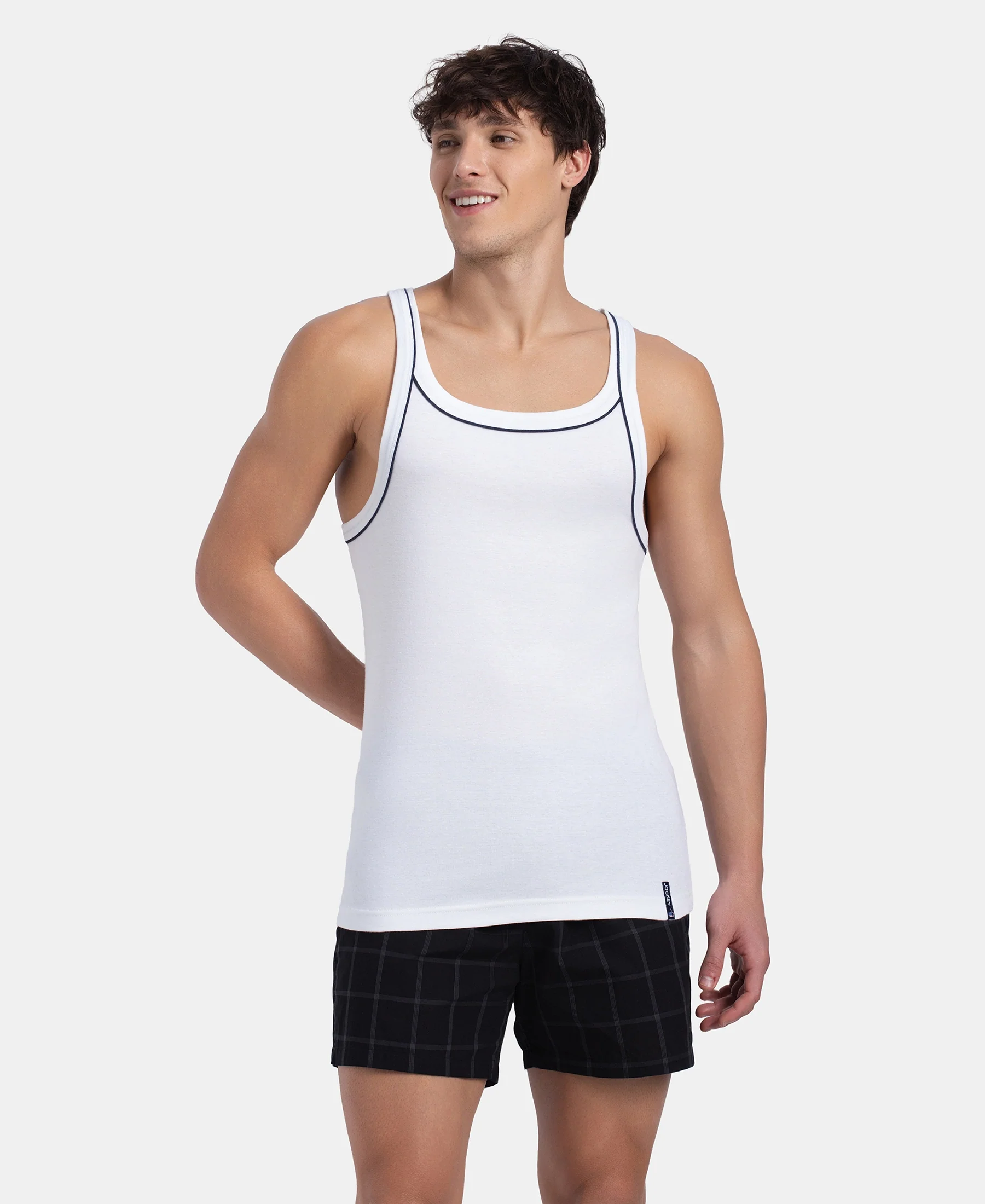 Super Combed Cotton Rib Square Neck Gym Vest with Graphic Print - White - Image 5