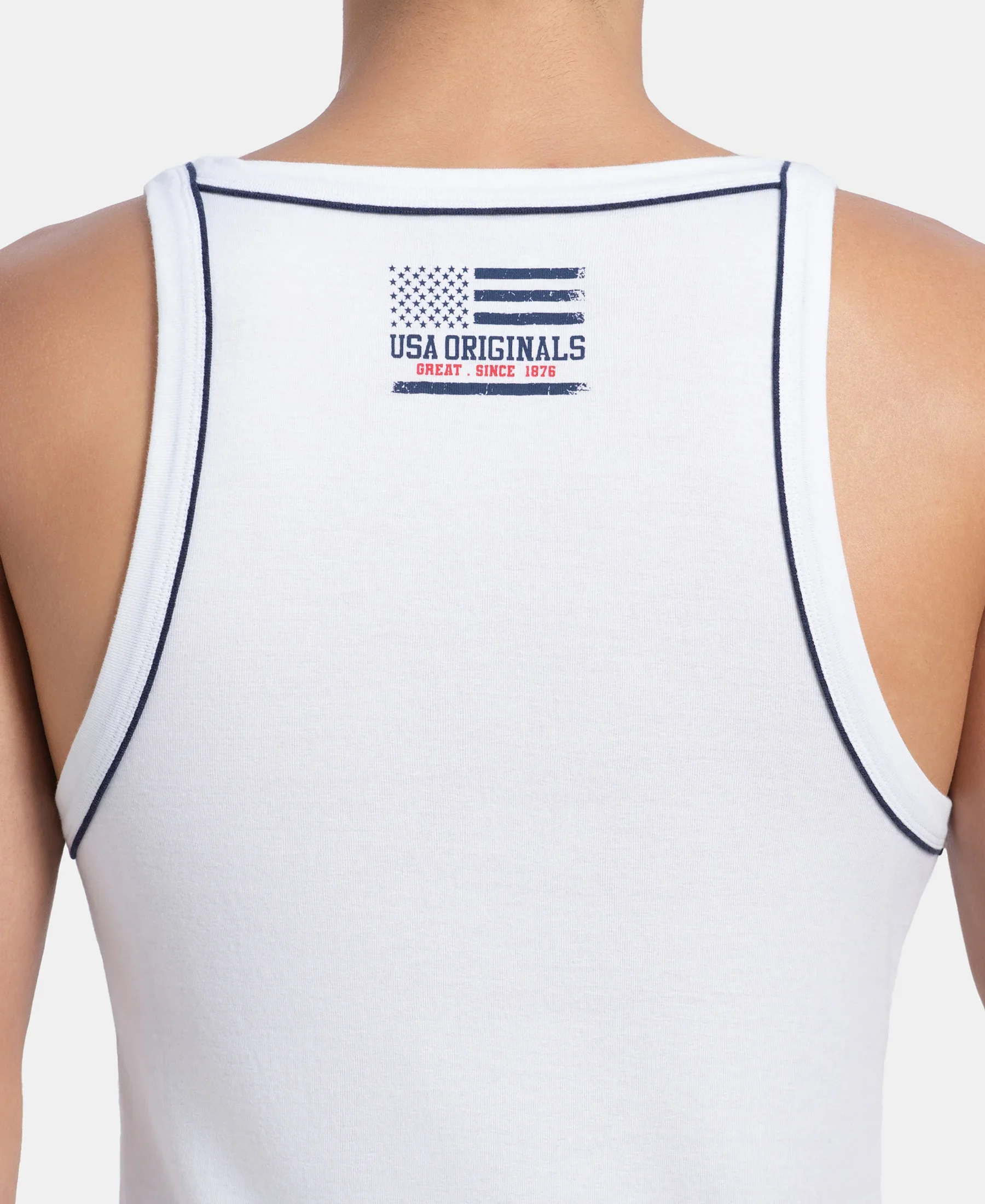 Super Combed Cotton Rib Square Neck Gym Vest with Graphic Print - White - Image 9