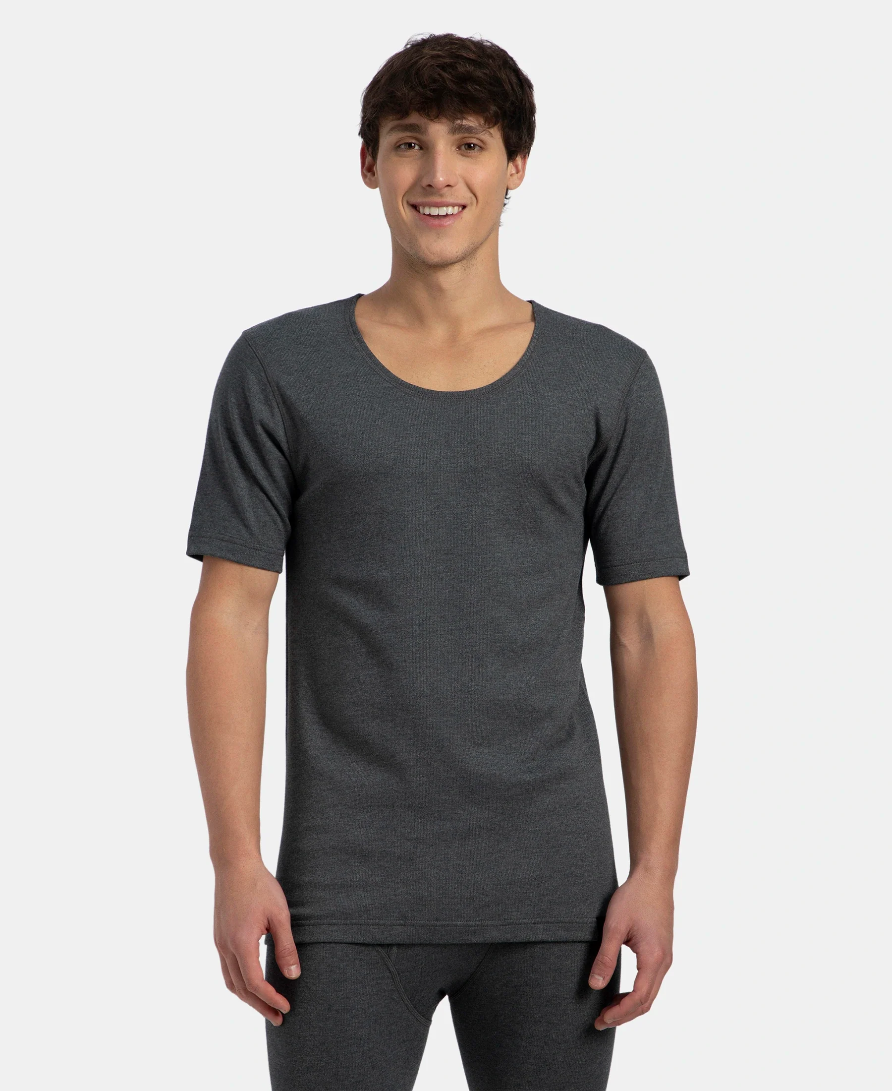 Super Warm Super Combed Cotton Rich Brushed Fabric Half Sleeved Thermal Undershirt with StayWarm Technology - Charcoal Melange