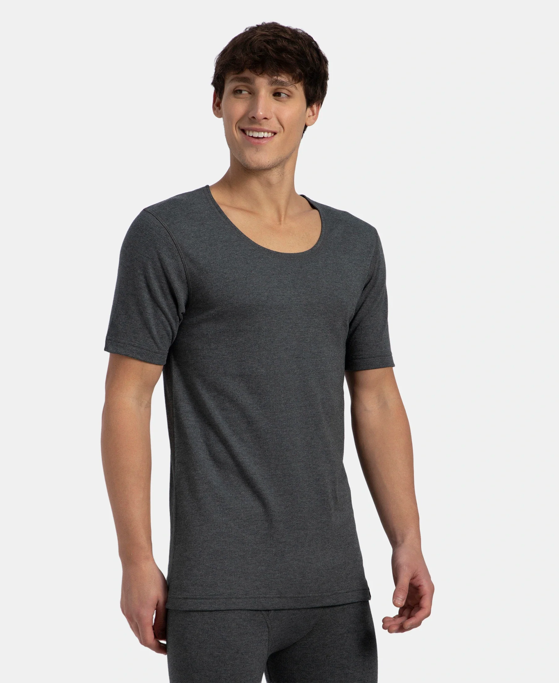 Super Warm Super Combed Cotton Rich Brushed Fabric Half Sleeved Thermal Undershirt with StayWarm Technology - Charcoal Melange - Image 2
