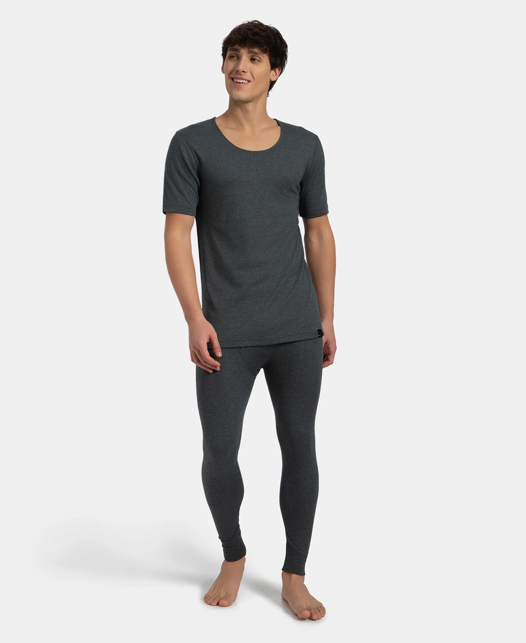 Super Warm Super Combed Cotton Rich Brushed Fabric Half Sleeved Thermal Undershirt with StayWarm Technology - Charcoal Melange - Image 4