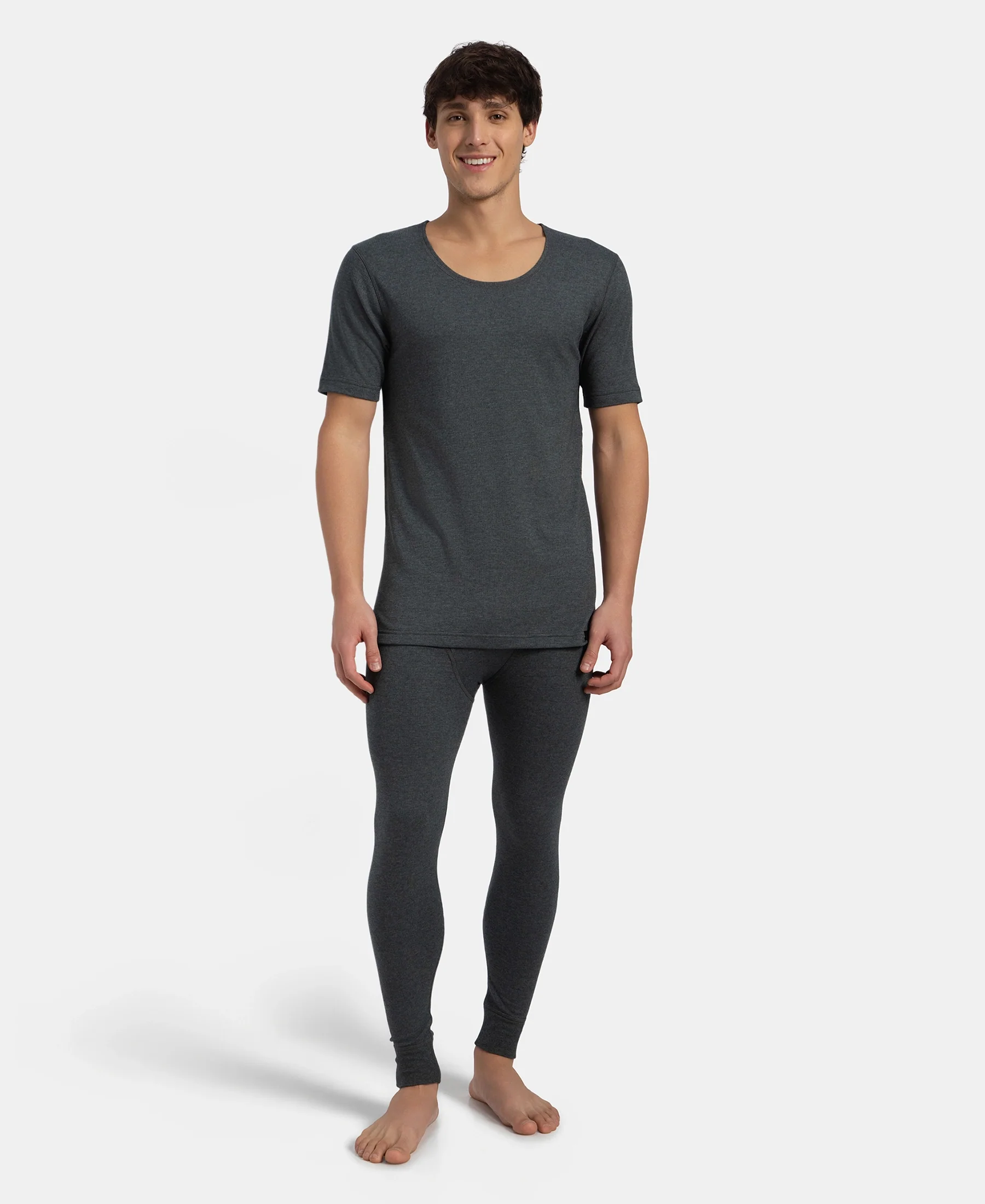 Super Warm Super Combed Cotton Rich Brushed Fabric Half Sleeved Thermal Undershirt with StayWarm Technology - Charcoal Melange - Image 6