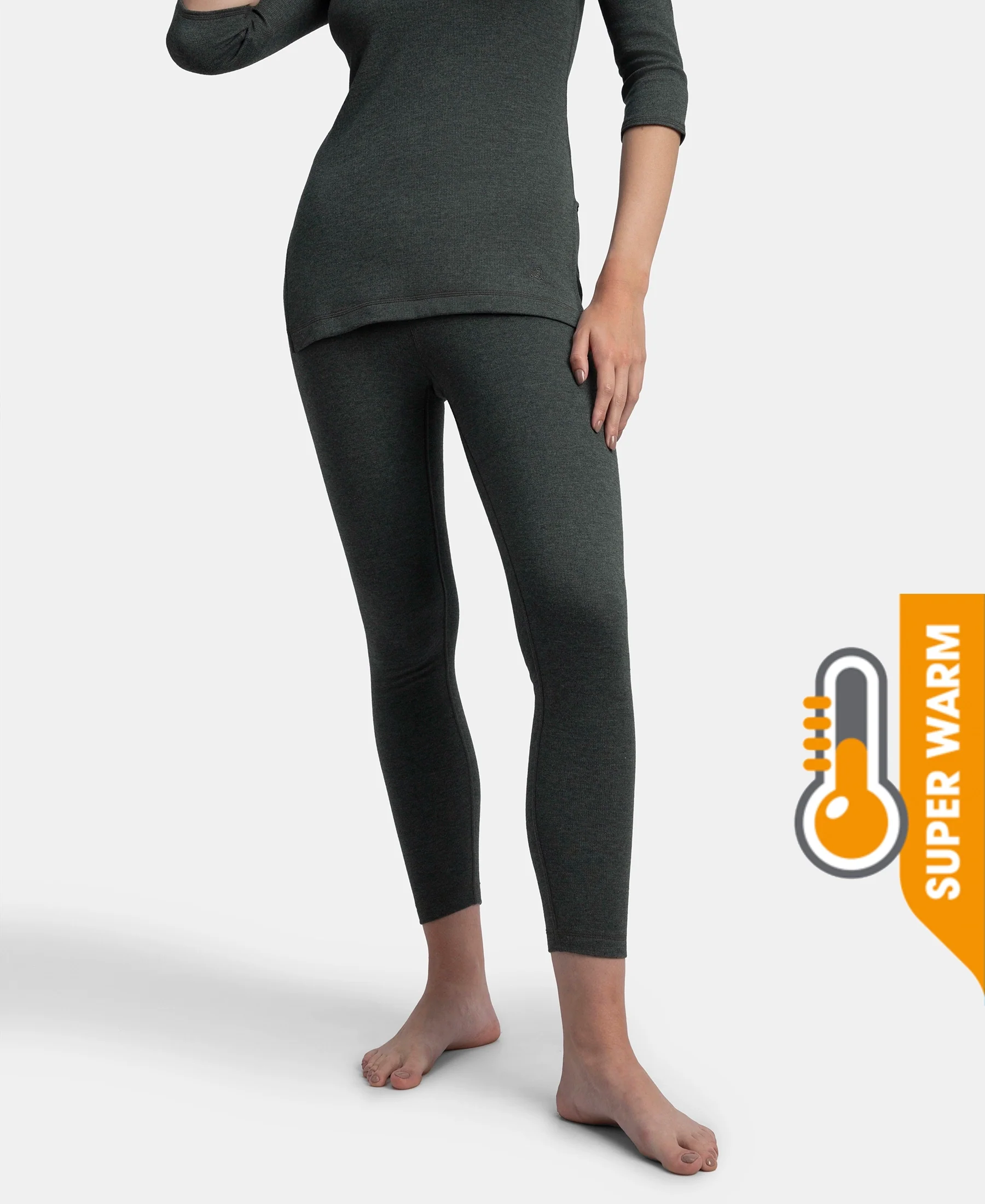 Super Warm Super Combed Cotton Rich Brushed Fabric Thermal Leggings with StayWarm Technology - Charcoal Melange - Image 5