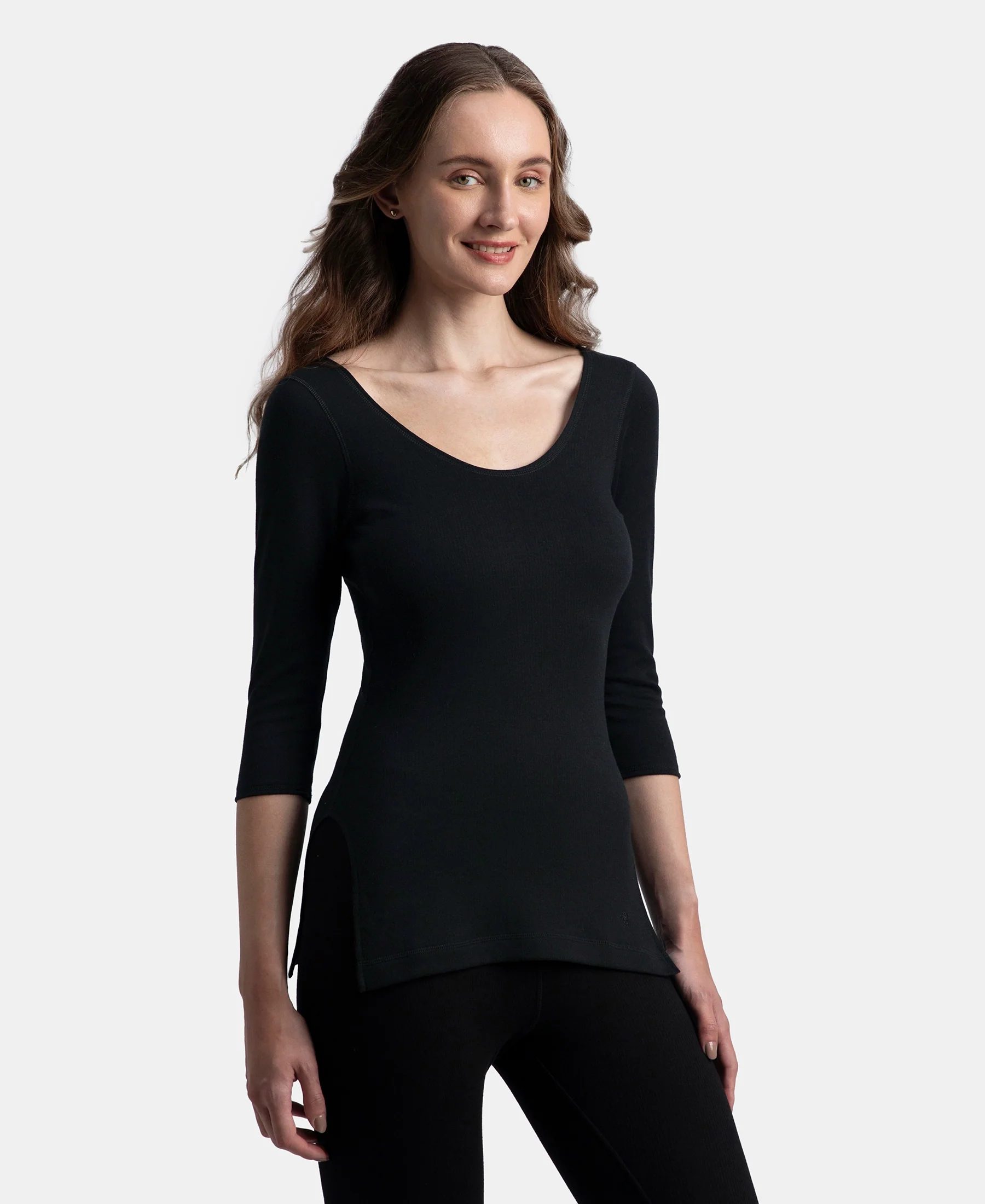 Super Warmth Super Combed Cotton Rich Brushed Three Quarter Sleeve Thermal Top with StayWarm Technology - Black - Image 2