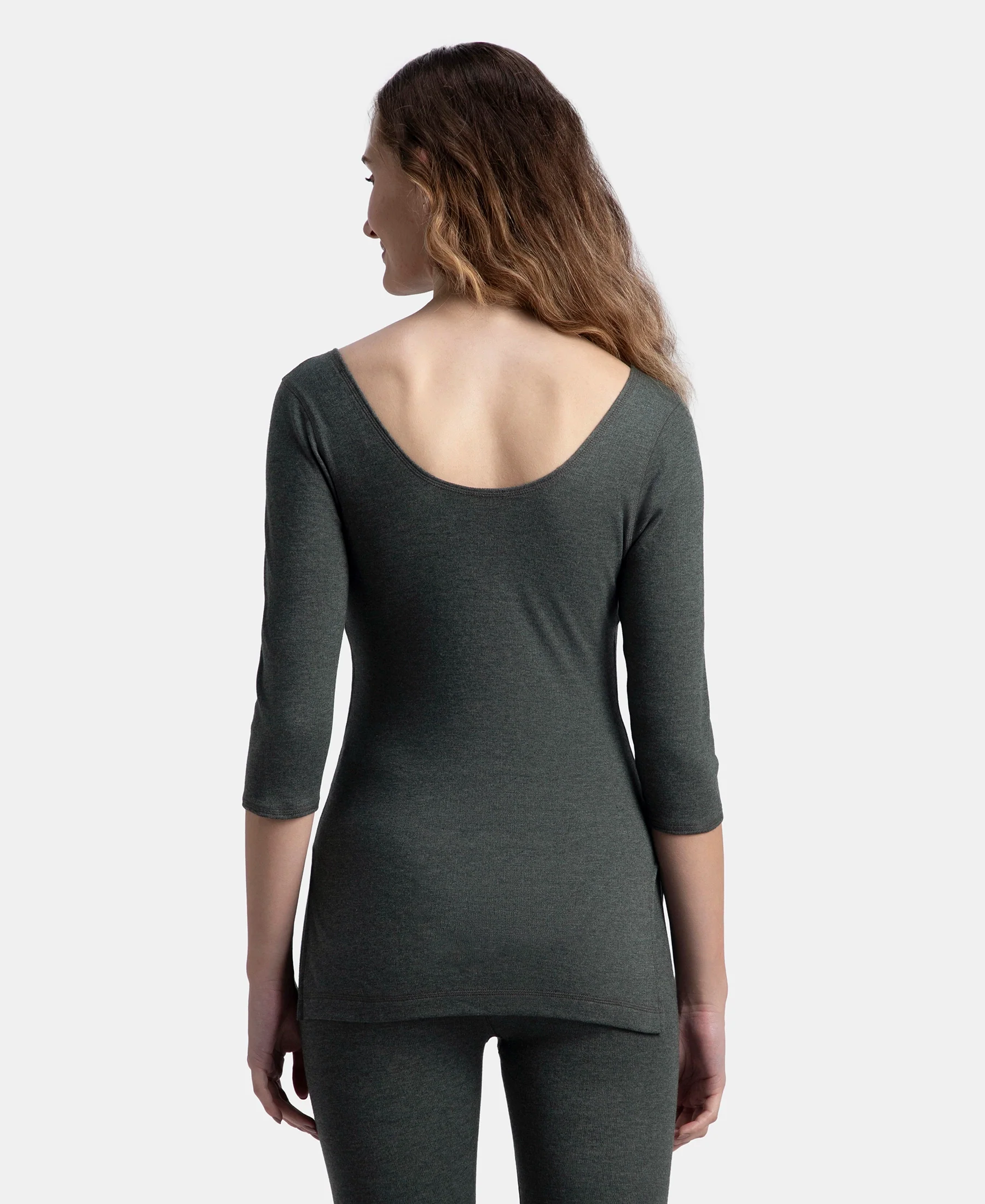 Super Warm Super Combed Cotton Rich Brushed Three Quarter Sleeve Thermal Top with StayWarm Technology - Charcoal Melange - Image 3
