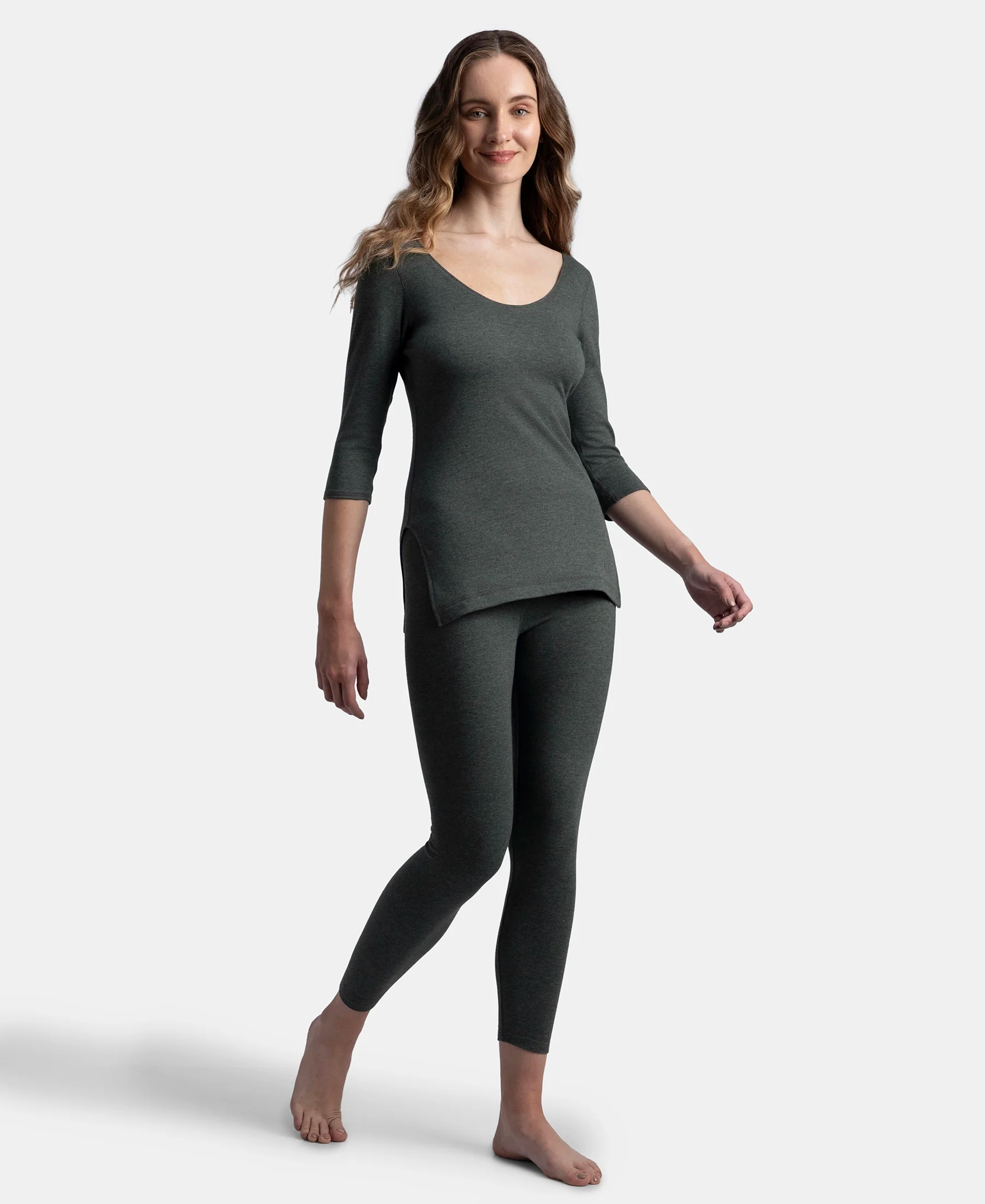 Super Warm Super Combed Cotton Rich Brushed Three Quarter Sleeve Thermal Top with StayWarm Technology - Charcoal Melange - Image 4