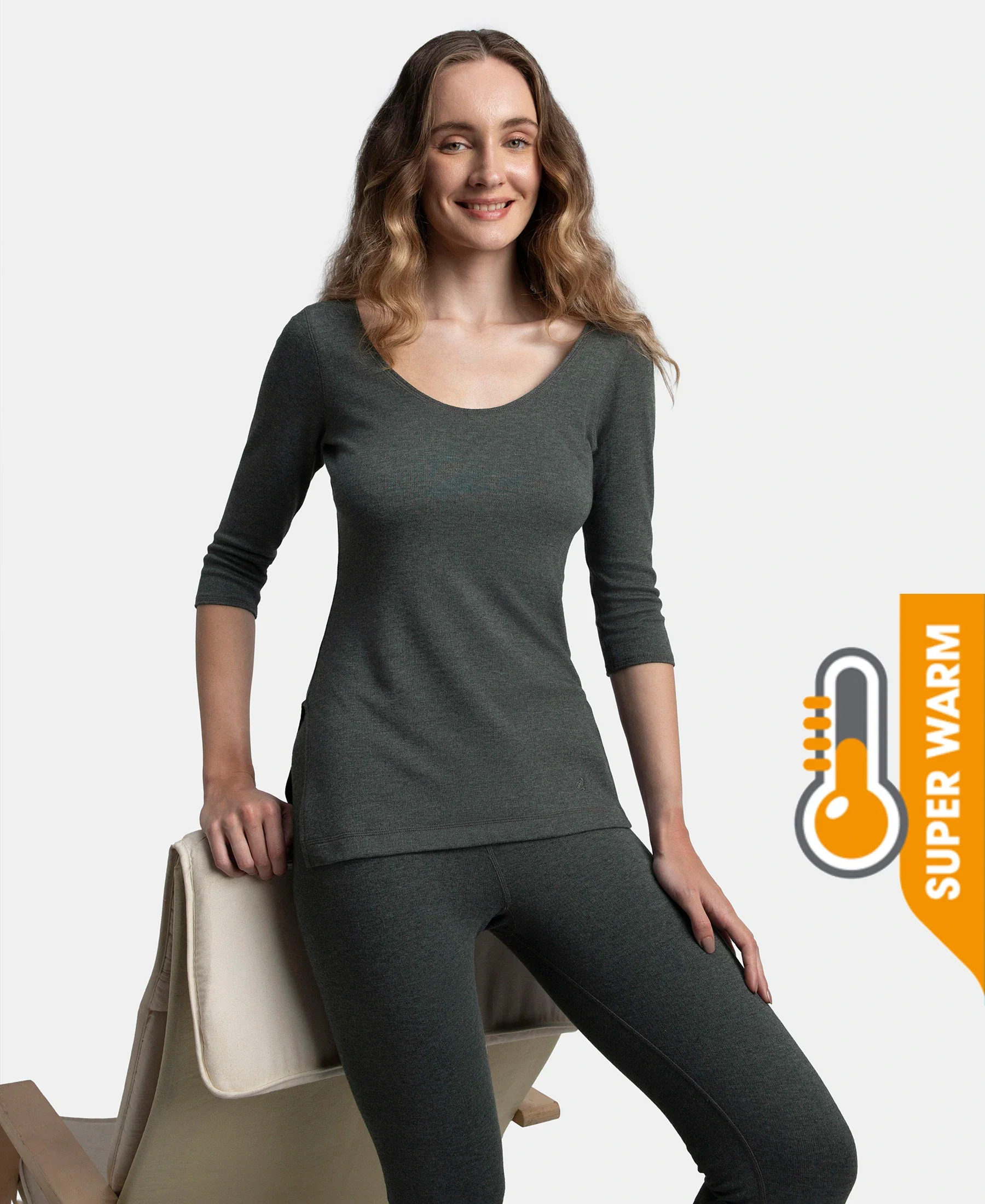 Super Warm Super Combed Cotton Rich Brushed Three Quarter Sleeve Thermal Top with StayWarm Technology - Charcoal Melange - Image 5