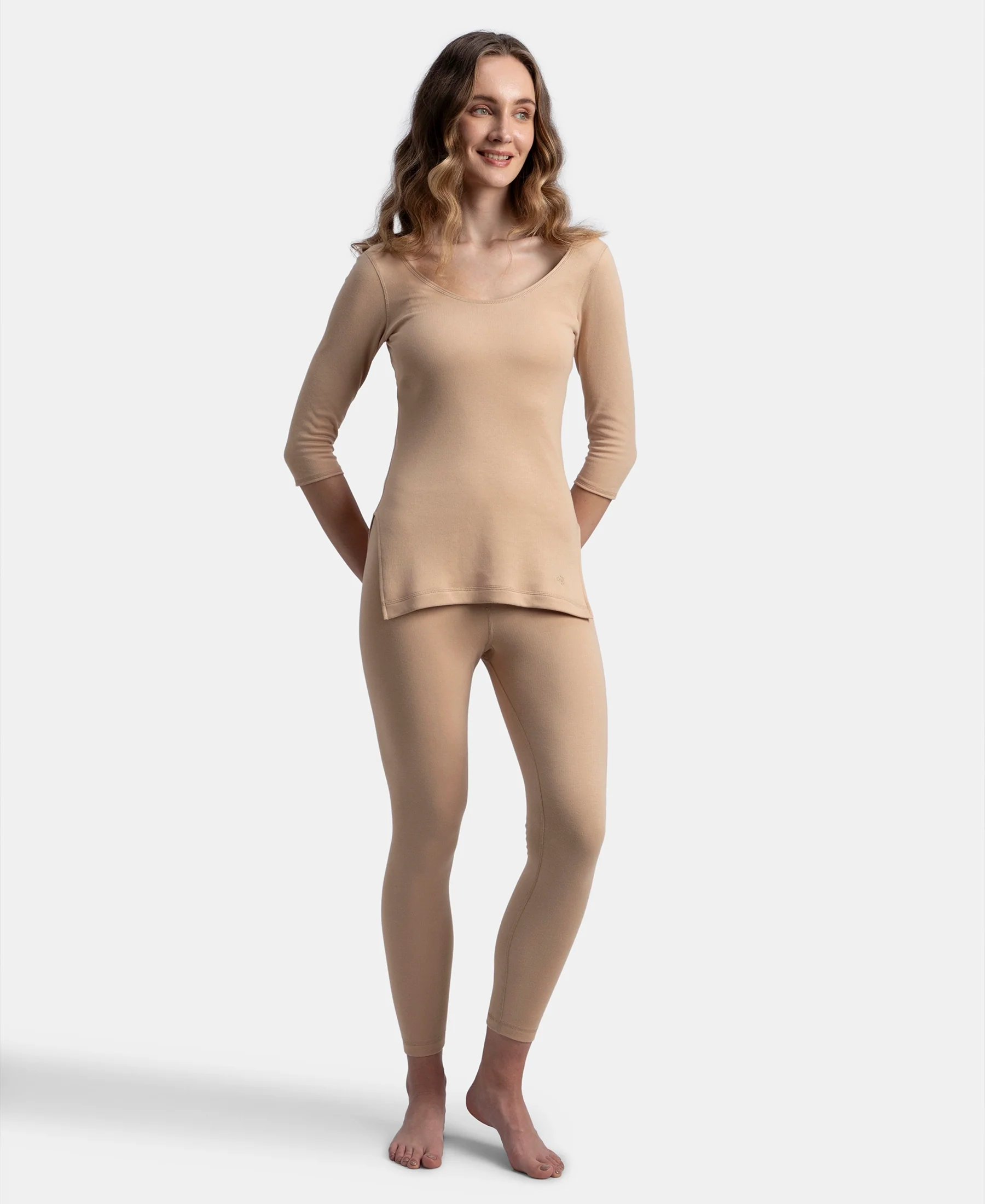 Super Warm Super Combed Cotton Rich Brushed Three Quarter Sleeve Thermal Top with StayWarm Technology - Skin - Image 4