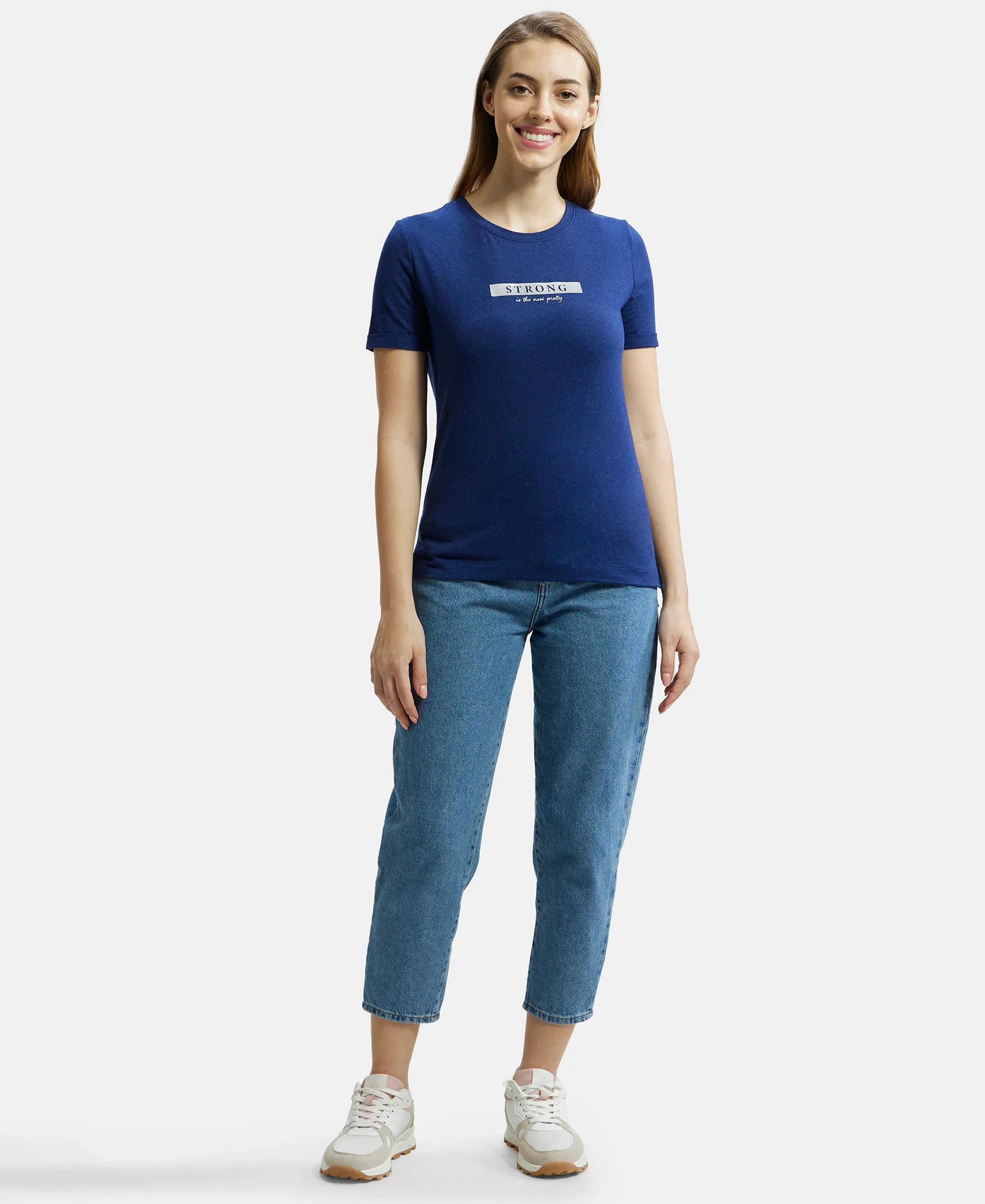 Super Combed Cotton Rich Elastane Stretch Relaxed Fit Graphic Printed Round Neck Half Sleeve T-Shirt - Imperial Blue Melange - Image 4