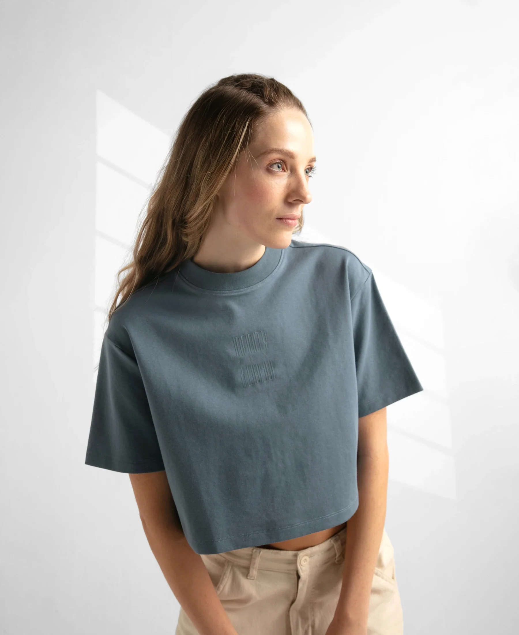 Super Combed Cotton Rich Elastane Stretch Oversized Boxy Fit Crop Top - Blue Mirage - Image 5