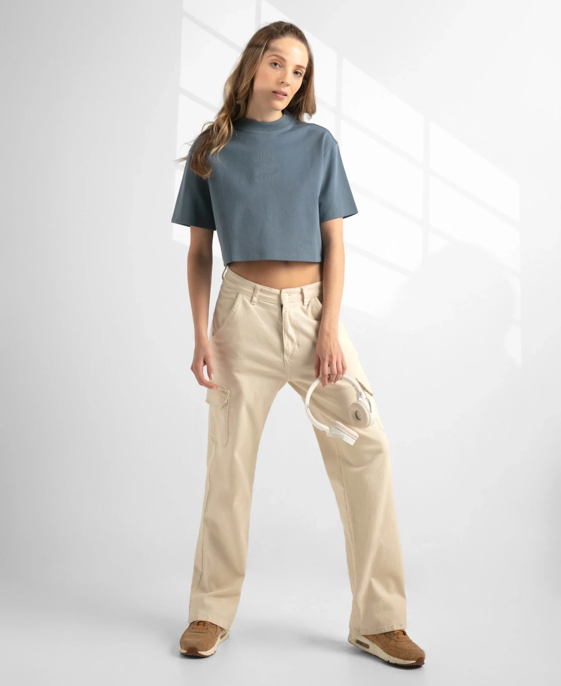 Super Combed Cotton Rich Elastane Stretch Oversized Boxy Fit Crop Top - Blue Mirage - Image 6