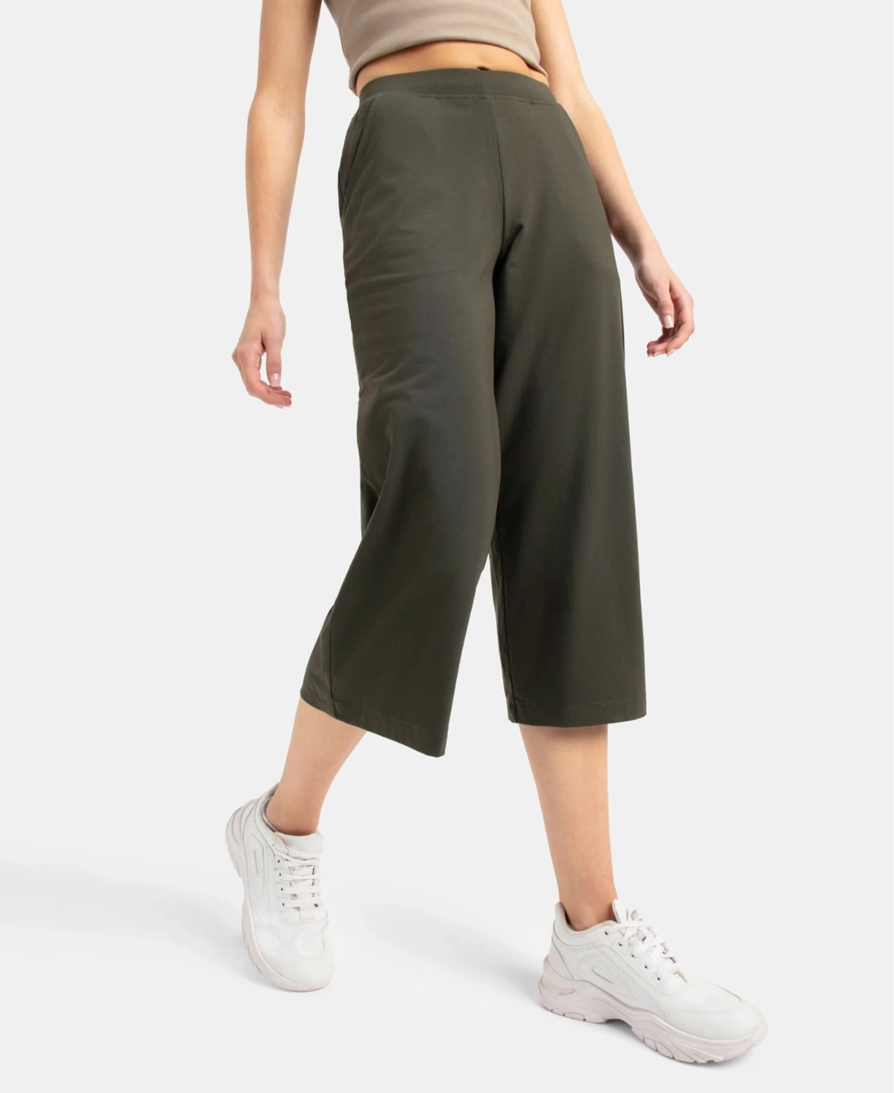 Super Combed Cotton Rich Elastane Stretch Relaxed Fit Culottes - Olive - Image 5