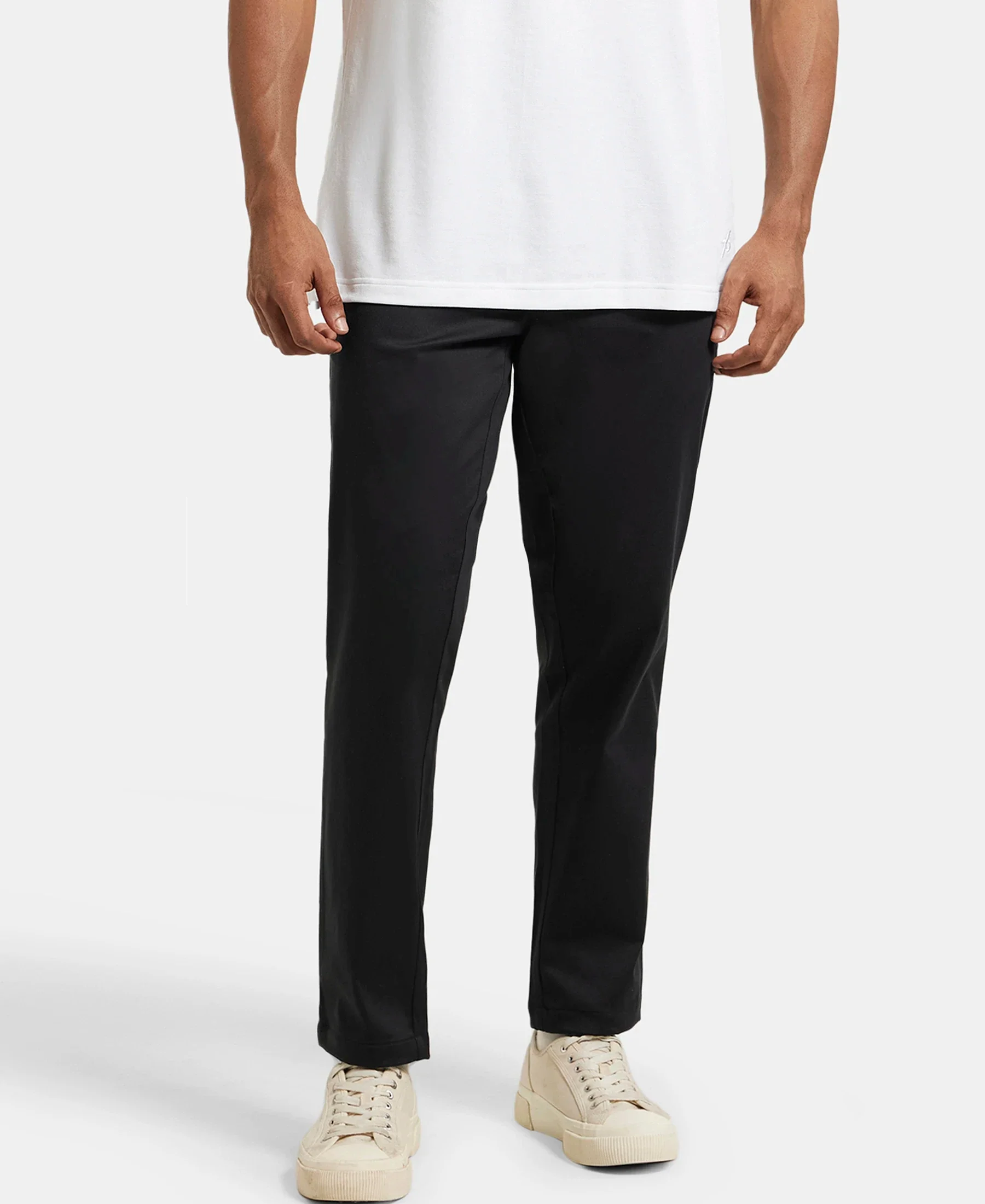 Super Combed Cotton Rich Elastane Stretch Woven Fabric Slim Fit All Day Pants - Black - Image 5