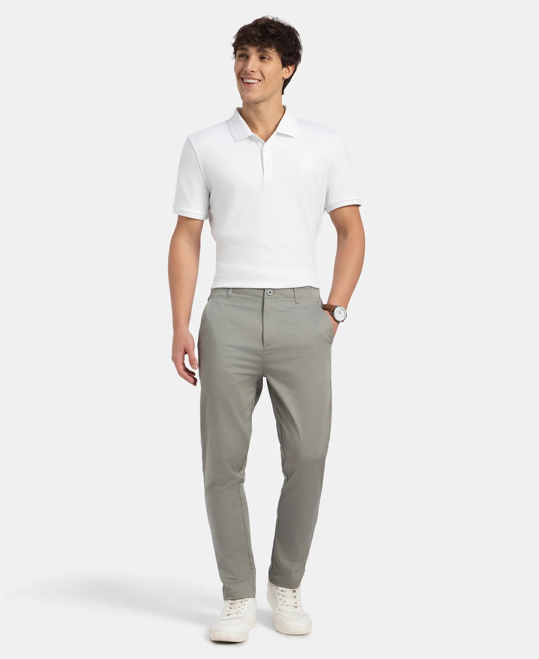 Super Combed Cotton Rich Elastane Stretch Woven Fabric Slim Fit All Day Pants - Moon Mist - Image 4