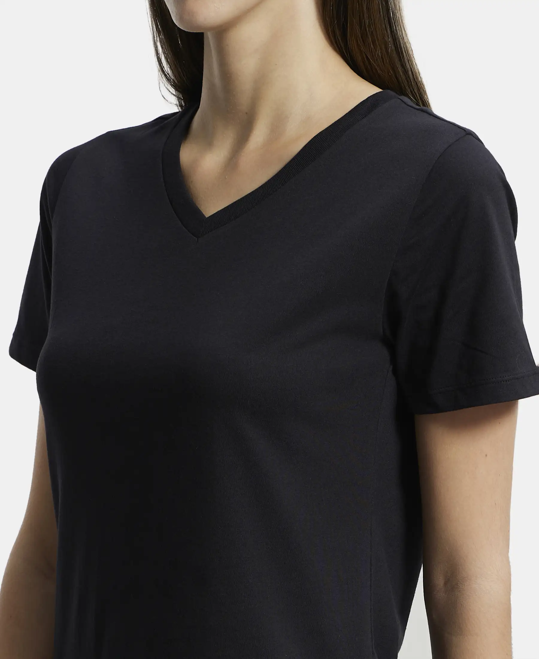 Super Combed Cotton Rich Fabric Relaxed Fit V-Neck Half Sleeve T-Shirt - Black - Image 7