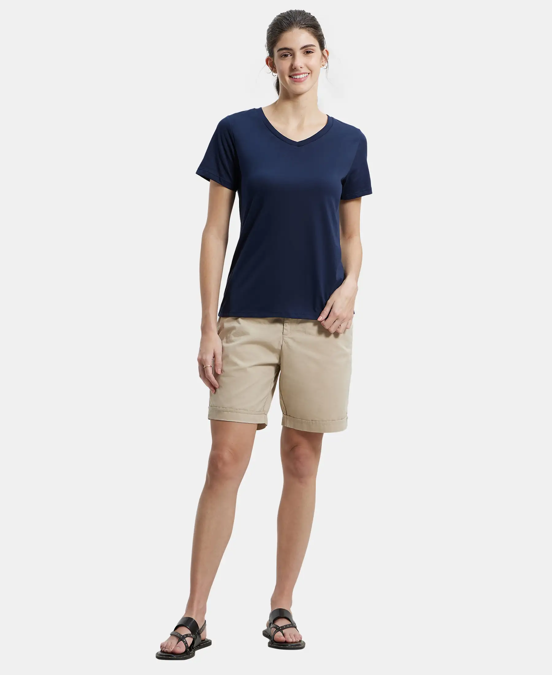 Super Combed Cotton Rich Fabric Relaxed Fit V-Neck Half Sleeve T-Shirt - Navy Blazer - Image 4
