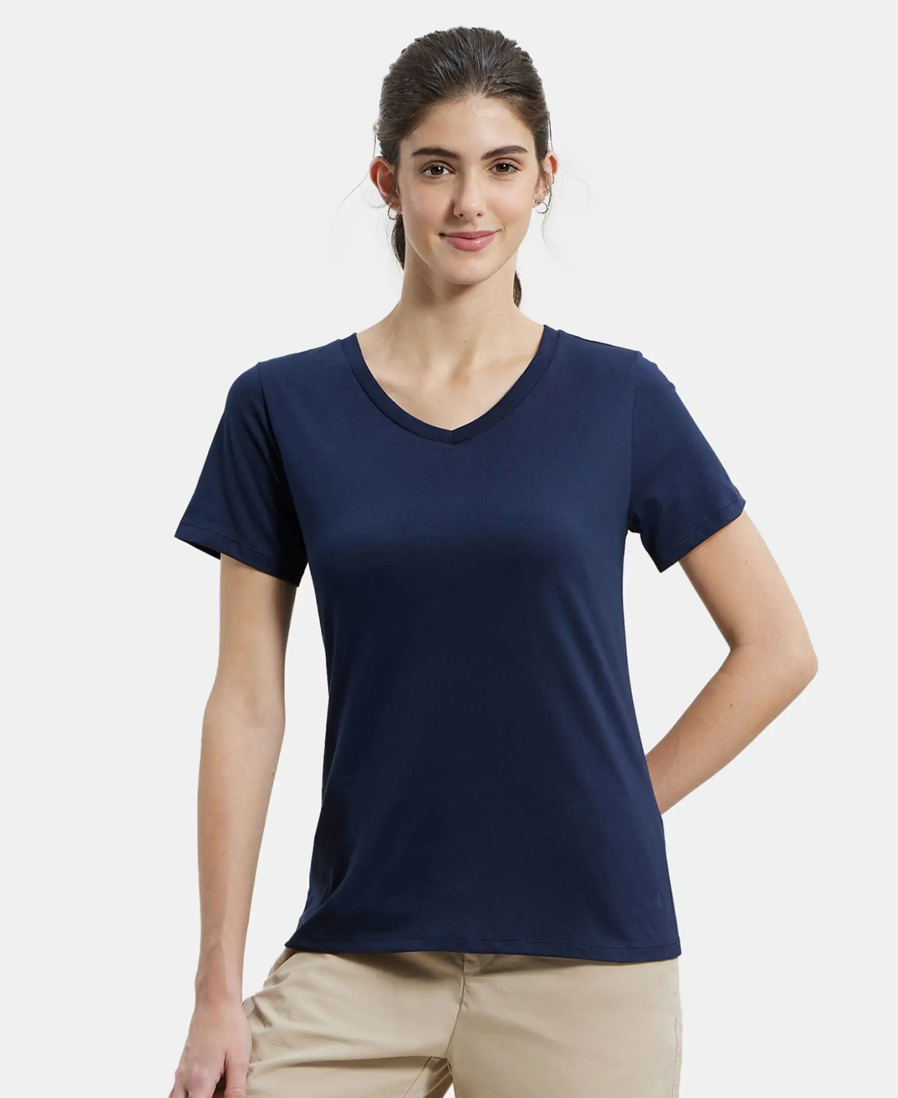 Super Combed Cotton Rich Fabric Relaxed Fit V-Neck Half Sleeve T-Shirt - Navy Blazer - Image 5