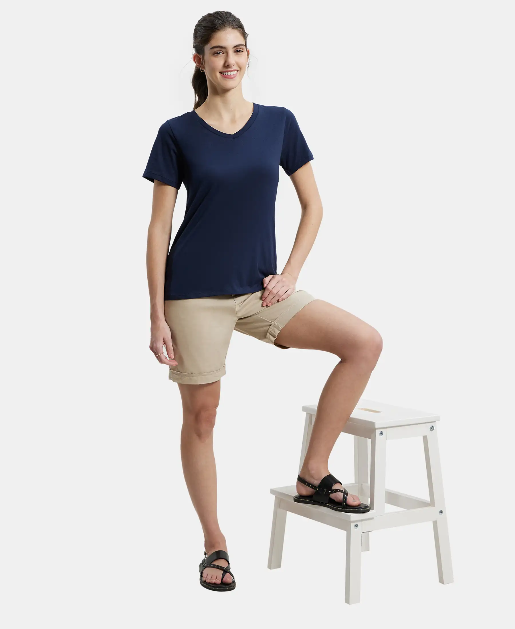 Super Combed Cotton Rich Fabric Relaxed Fit V-Neck Half Sleeve T-Shirt - Navy Blazer - Image 6