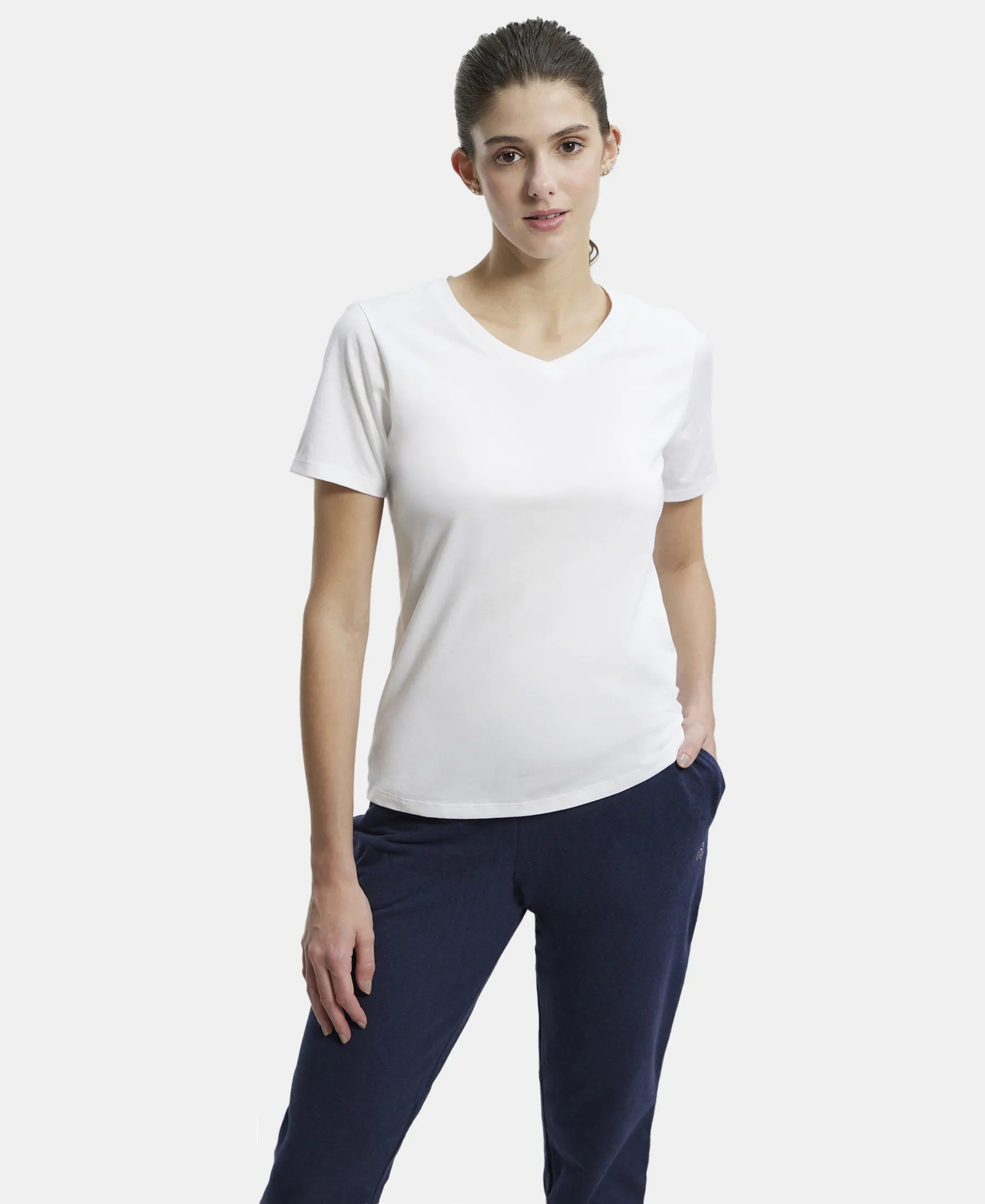 Super Combed Cotton Rich Fabric Relaxed Fit V-Neck Half Sleeve T-Shirt - White - Image 6