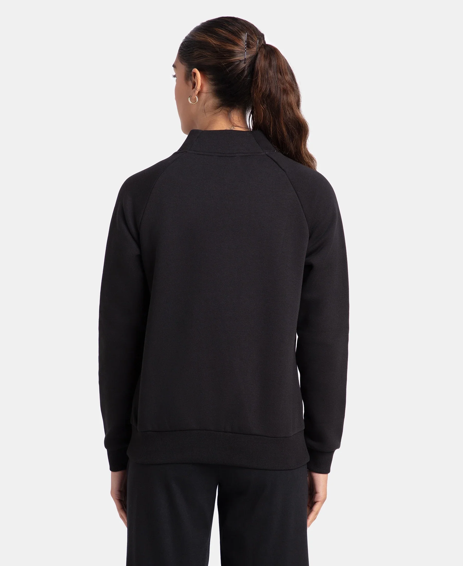 Super Combed Cotton Rich Fleece Fabric Full Zip High Neck Jacket with Front Pockets - Black - Image 3