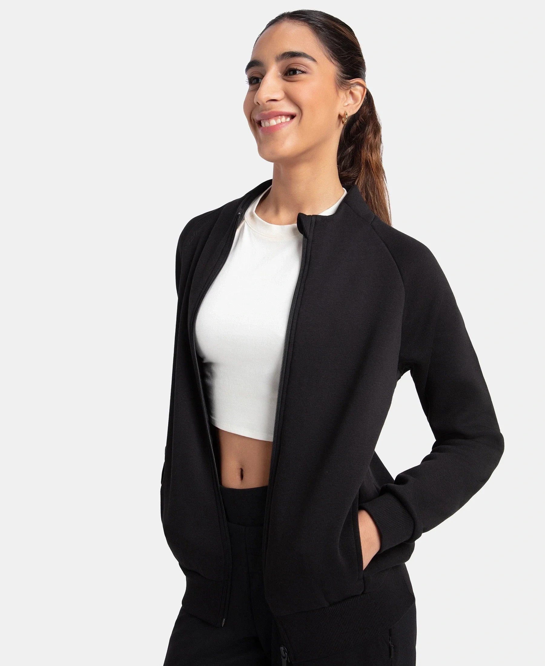 Super Combed Cotton Rich Fleece Fabric Full Zip High Neck Jacket with Front Pockets - Black - Image 5