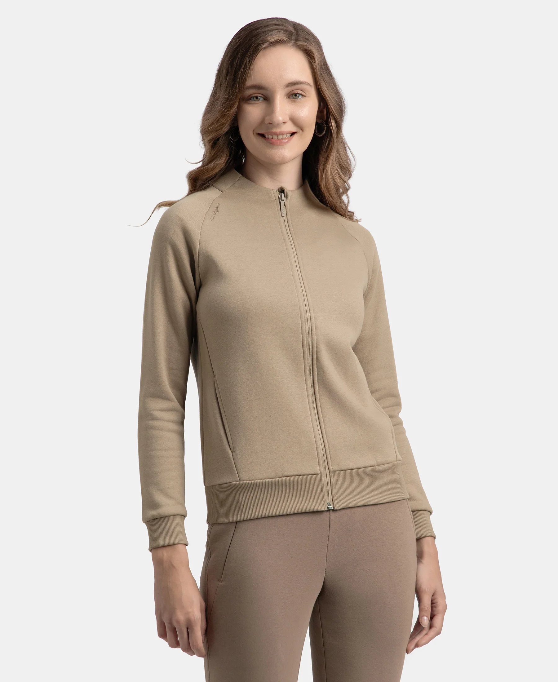 Super Combed Cotton Rich Fleece Fabric Full Zip High Neck Jacket with Front Pockets - Desert Taupe - Image 2