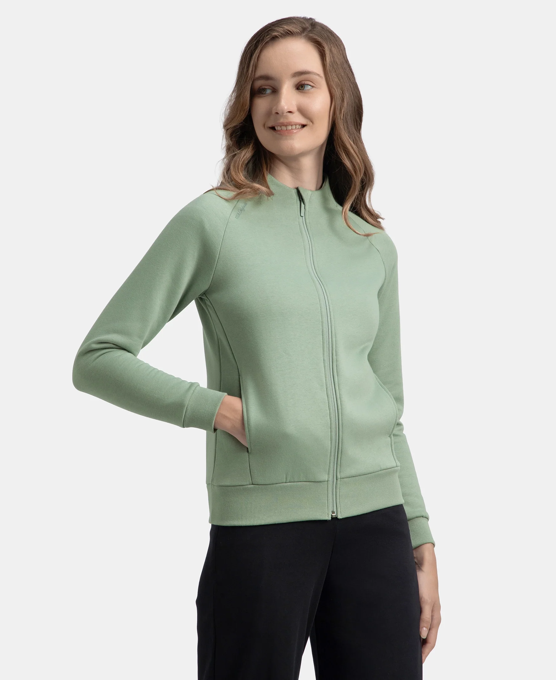 Super Combed Cotton Rich Fleece Fabric Full Zip High Neck Jacket with Front Pockets - Iceberg Green - Image 2