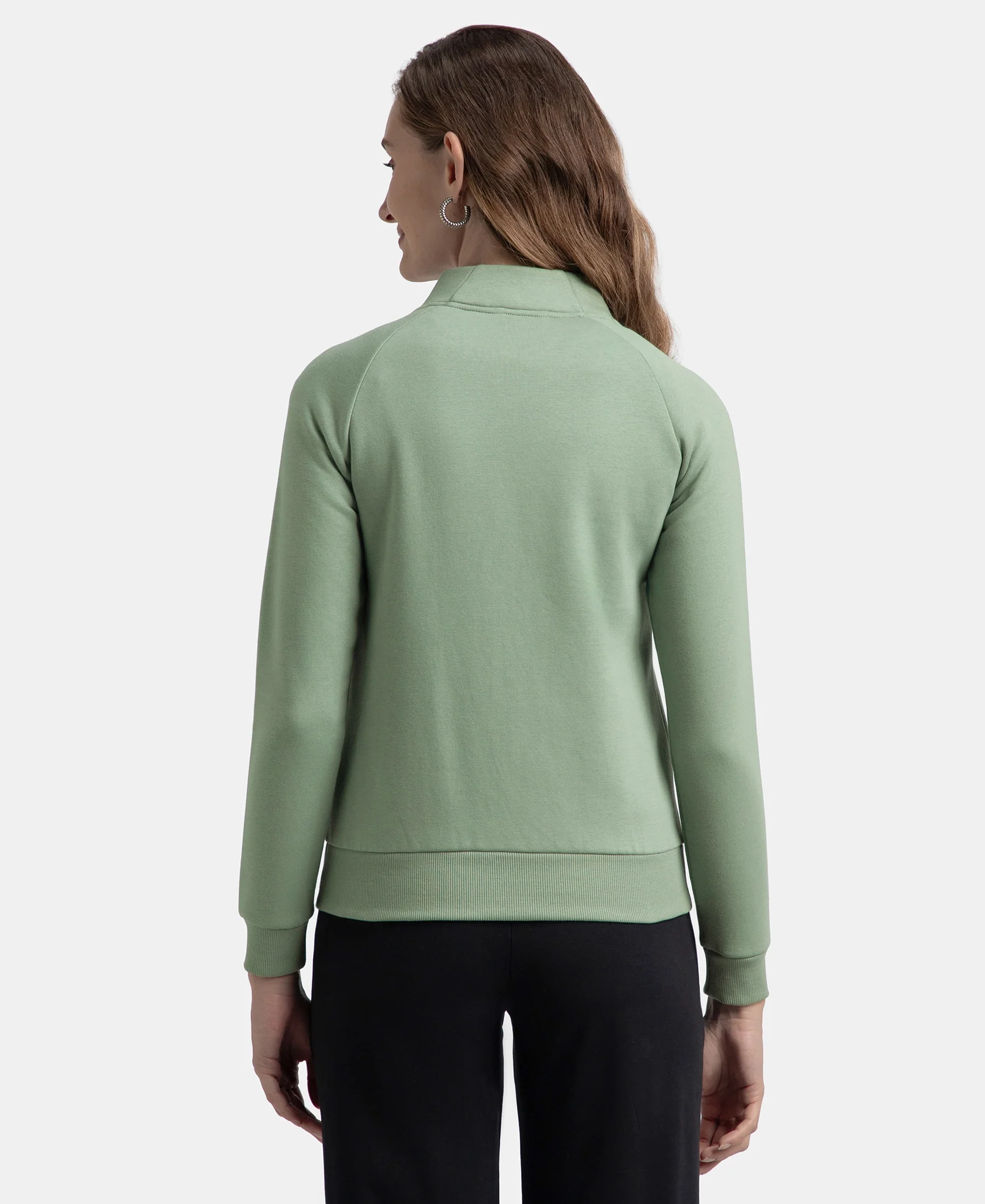 Super Combed Cotton Rich Fleece Fabric Full Zip High Neck Jacket with Front Pockets - Iceberg Green - Image 3