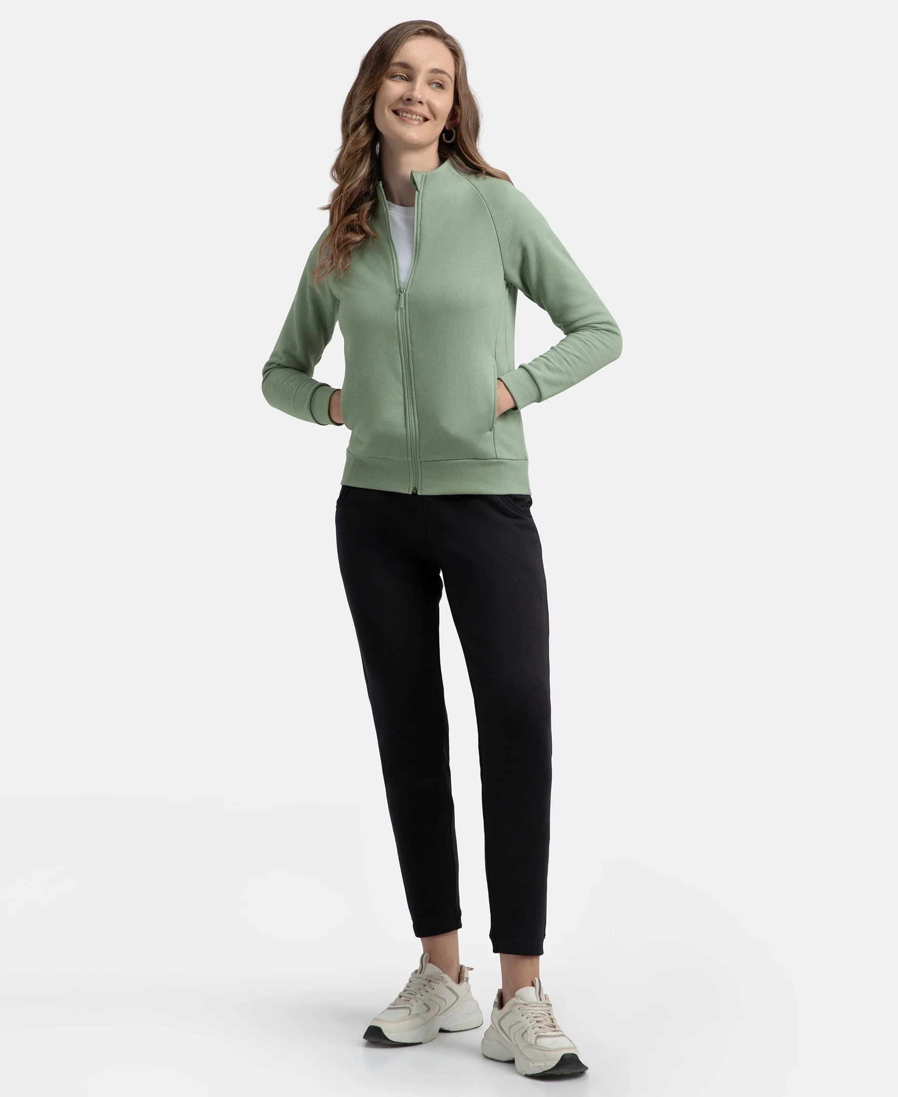 Super Combed Cotton Rich Fleece Fabric Full Zip High Neck Jacket with Front Pockets - Iceberg Green - Image 4