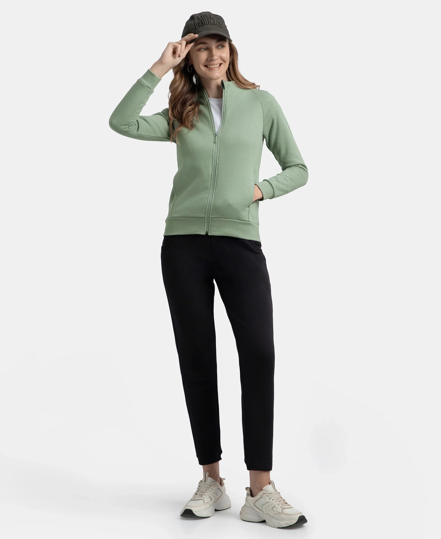 Super Combed Cotton Rich Fleece Fabric Full Zip High Neck Jacket with Front Pockets - Iceberg Green - Image 6