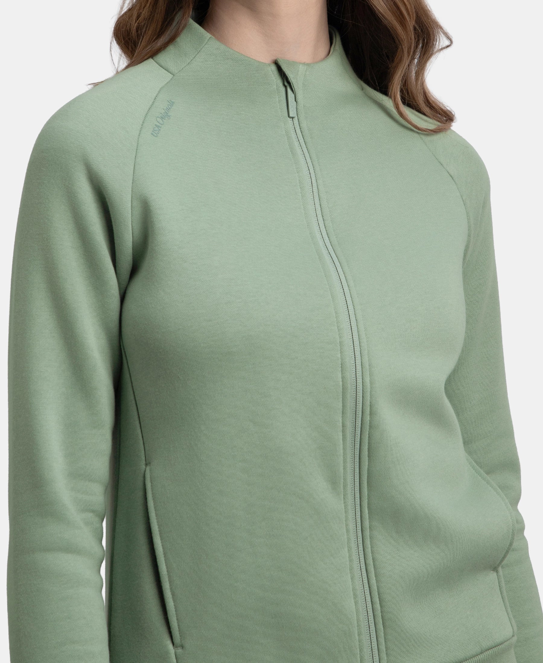 Super Combed Cotton Rich Fleece Fabric Full Zip High Neck Jacket with Front Pockets - Iceberg Green - Image 7