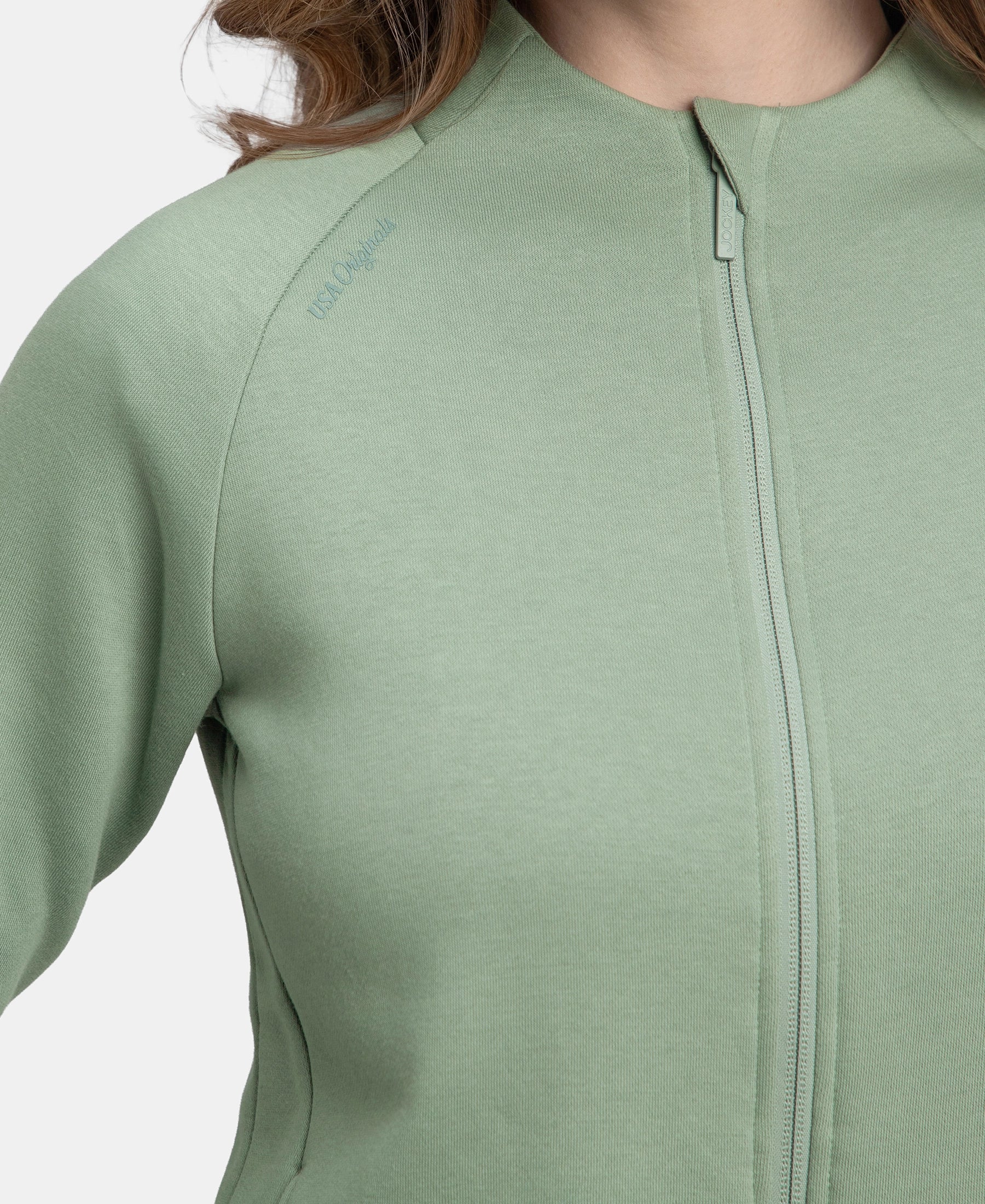 Super Combed Cotton Rich Fleece Fabric Full Zip High Neck Jacket with Front Pockets - Iceberg Green - Image 8